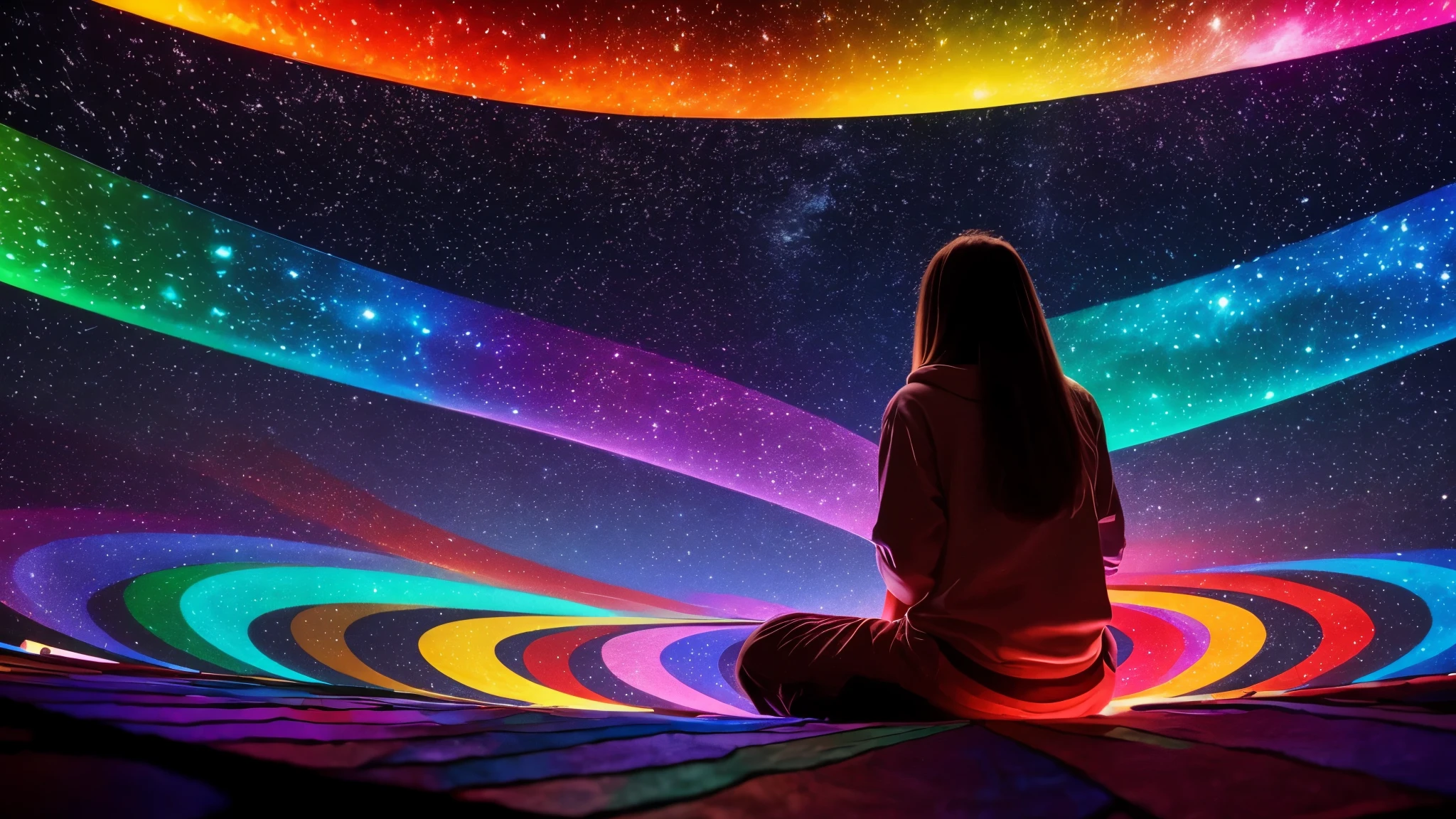 Collecting the energy of the universe, person sitting in the middle, Covered with colorful patterns, light surrounds, 