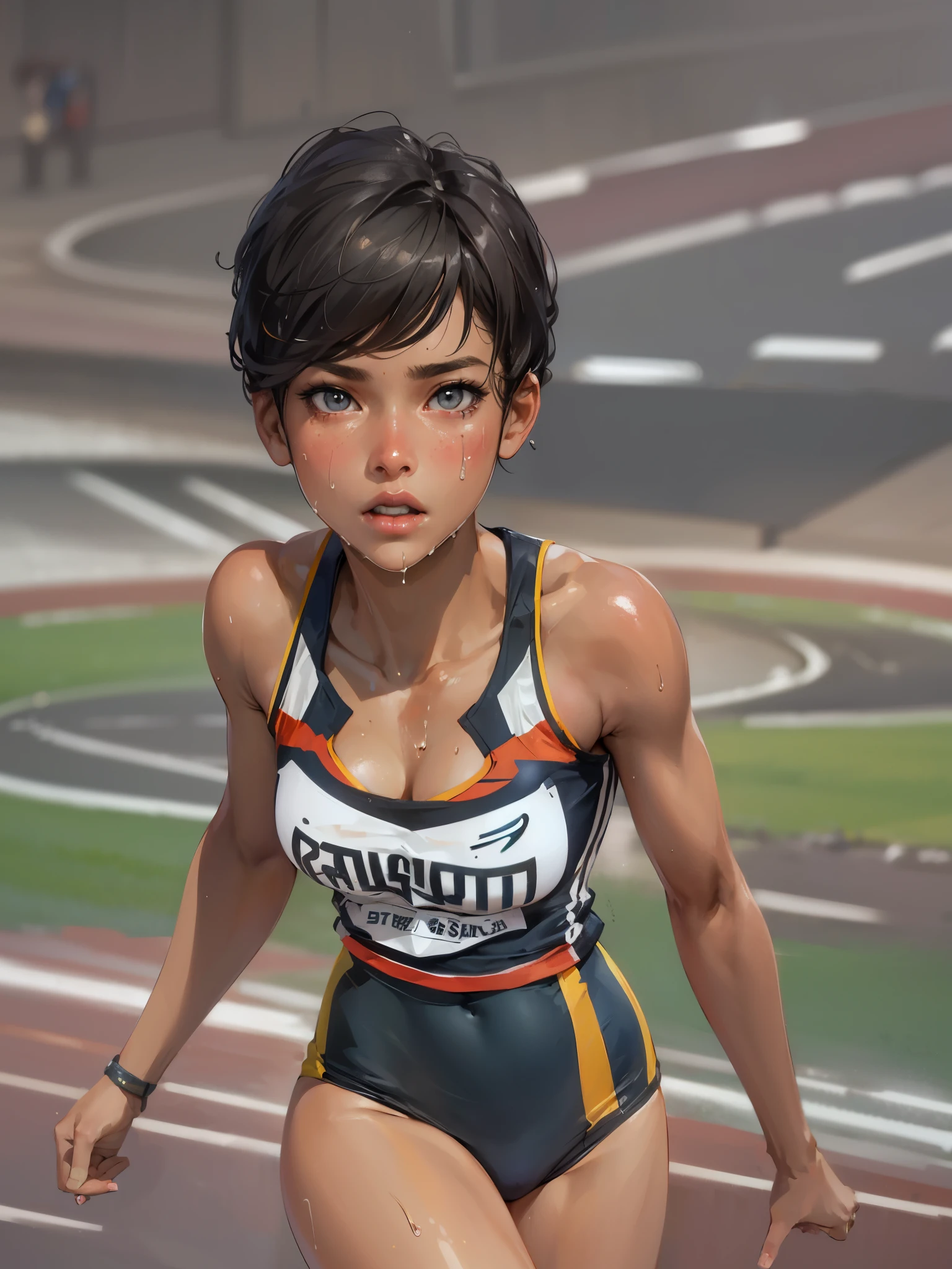 high quality,hd,16k,sharp line,1girl,female track and field athlete ,cute face, middle , nice legs, wet hair,wet skins,in track and field,focus girl,detailed beautiful face,detailed clothes,beautiful eyes,cool,dynamic angle