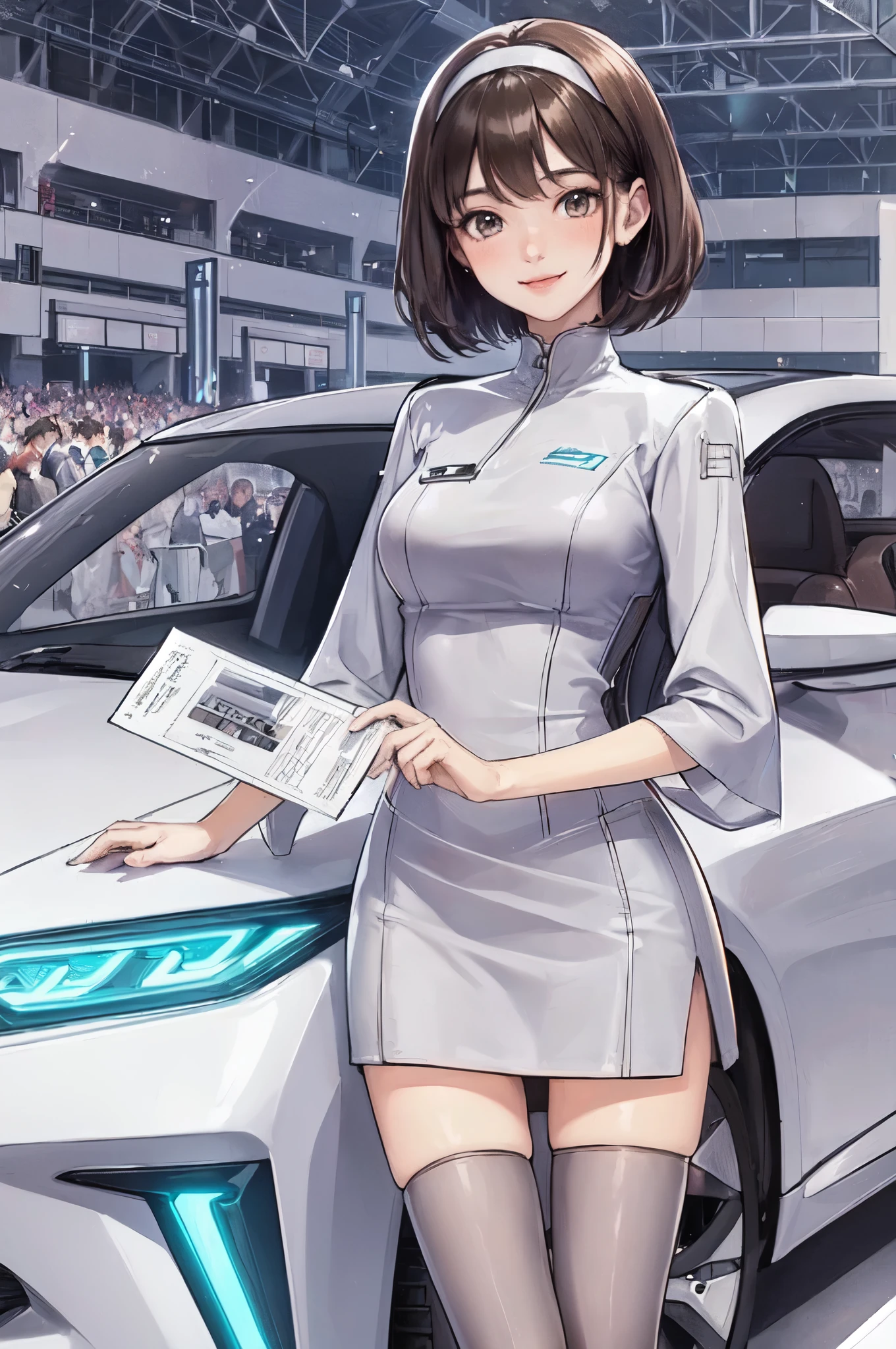 1lady solo standing, event staff (simple and futuristic costume), mature female, /(dark brown hair/) bangs, blush kind smile, (masterpiece best quality:1.2) delicate illustration ultra-detailed, large breasts BREAK (standing next to the latest model car), (holding pamphlet) BREAK (motor show indoors), audience, detailed background