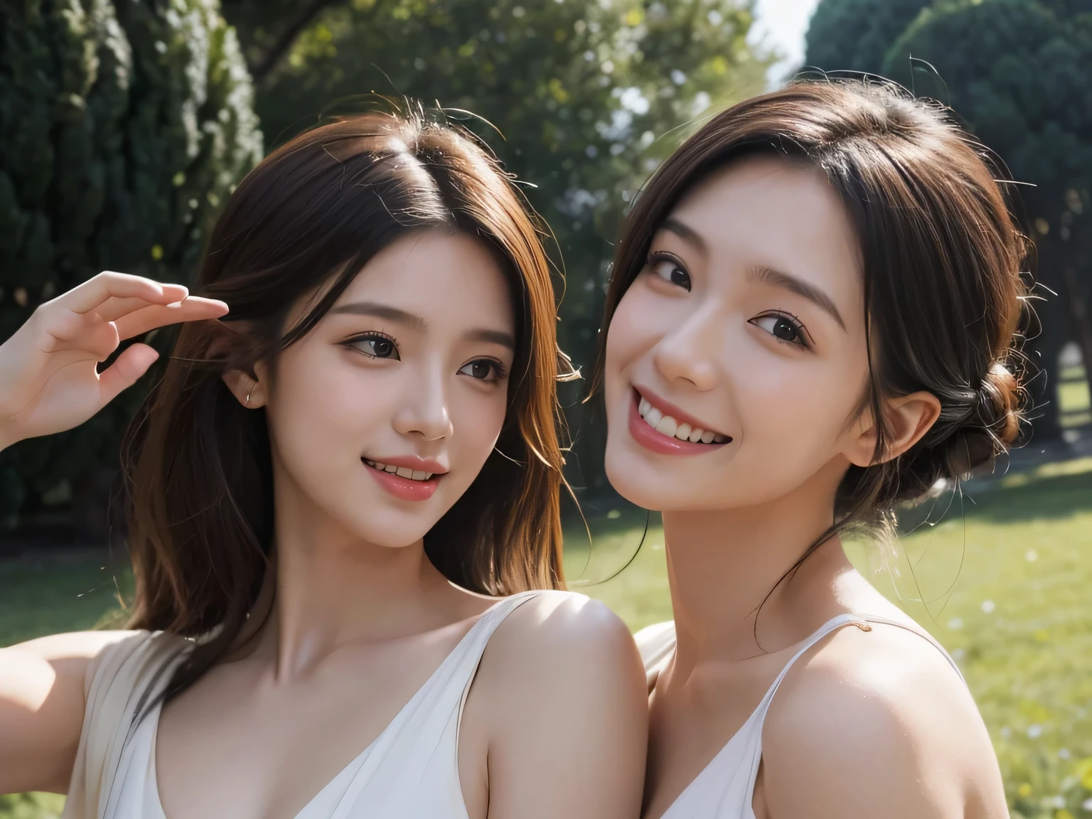 portrait or statue、Ancient Roman ruins、Poussin-style landscape、smile、Sweet and seductive appearance、caravaggio's paintings、caravaggio'chiaroscuro、hair blowing in the wind、Two women having fun、満面のsmile、expression of ecstasy、expression of ecstasy、sexy、full body details