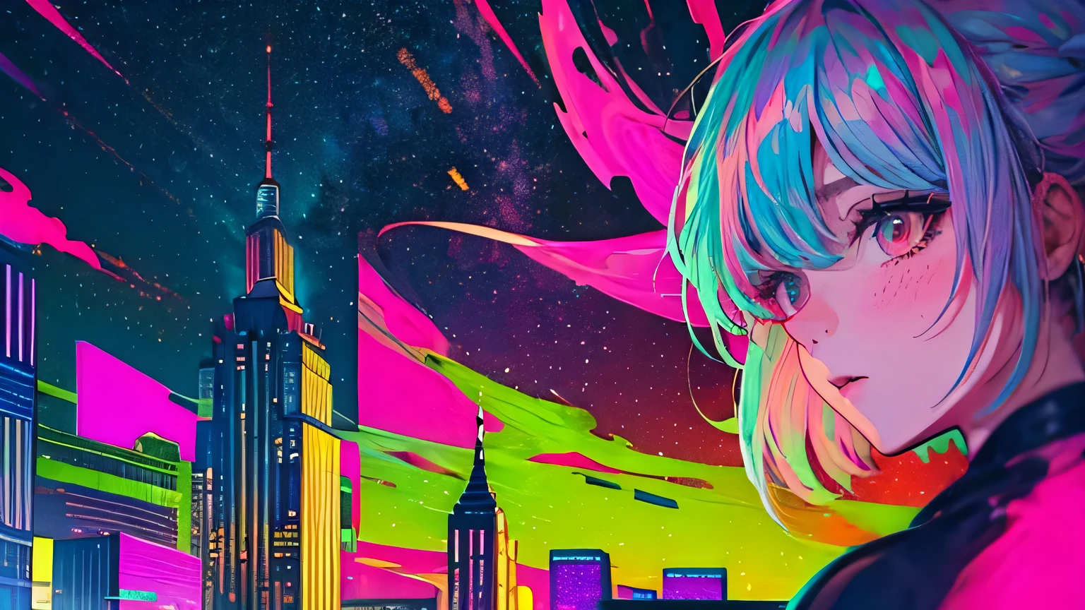 best quality, 4K wallpaper, masterpiece, extremely detailed CG unity 8k wallpaper, extremely detailed eyes, ultra-detailed, intricate details, face close up 1 happy girl in center, "no hand" retro art style, neon_pop art style, public, outdoors, roof top, city view, new york city building