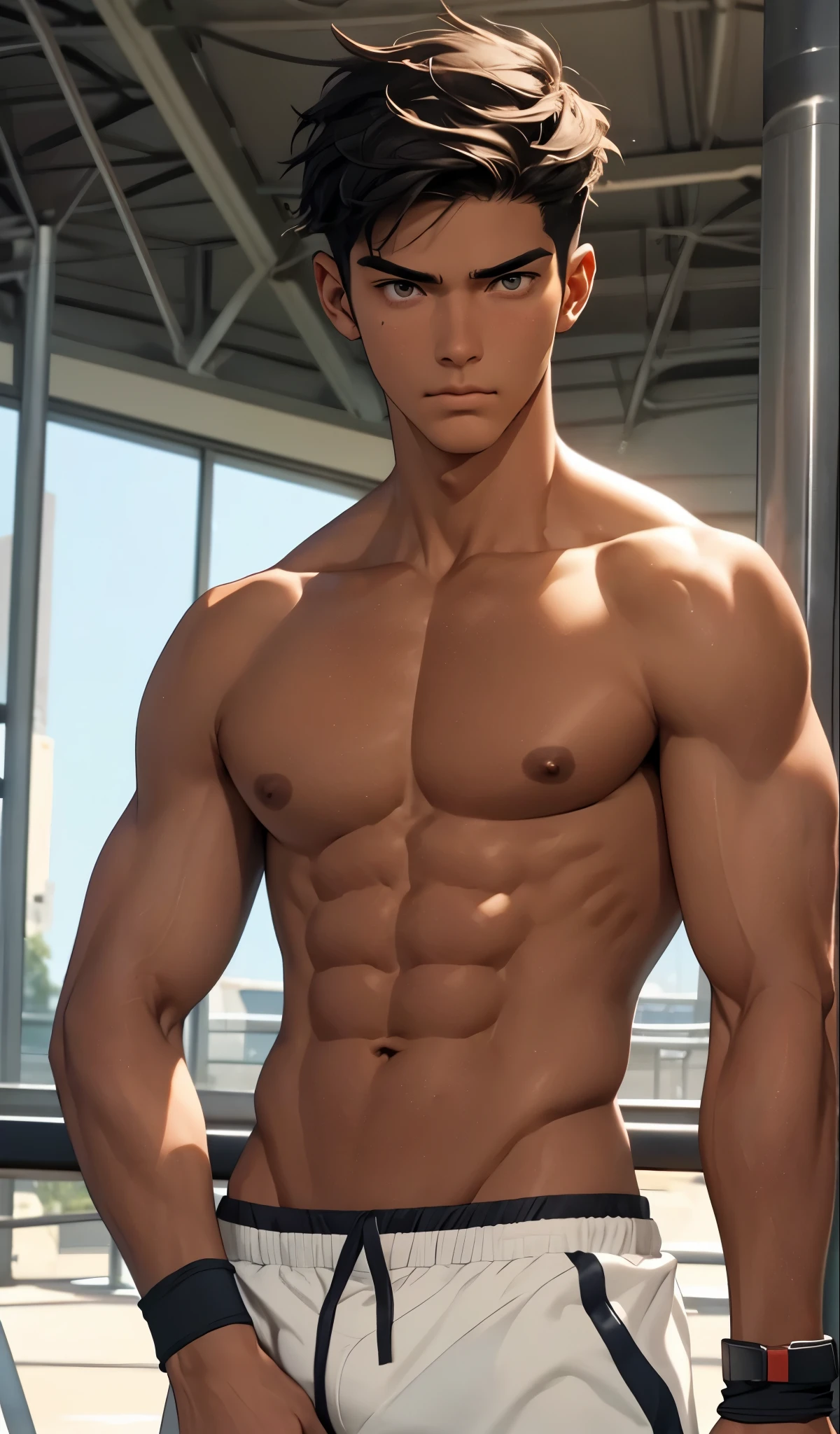 1 boy,tall and strong,perfect male figure, eyes looking at camera.(sports student), ((tanned skin)),short hair，Shirtless，cool tattoos,Bracers,serious expression, ,Ray tracing，Facial band-aids