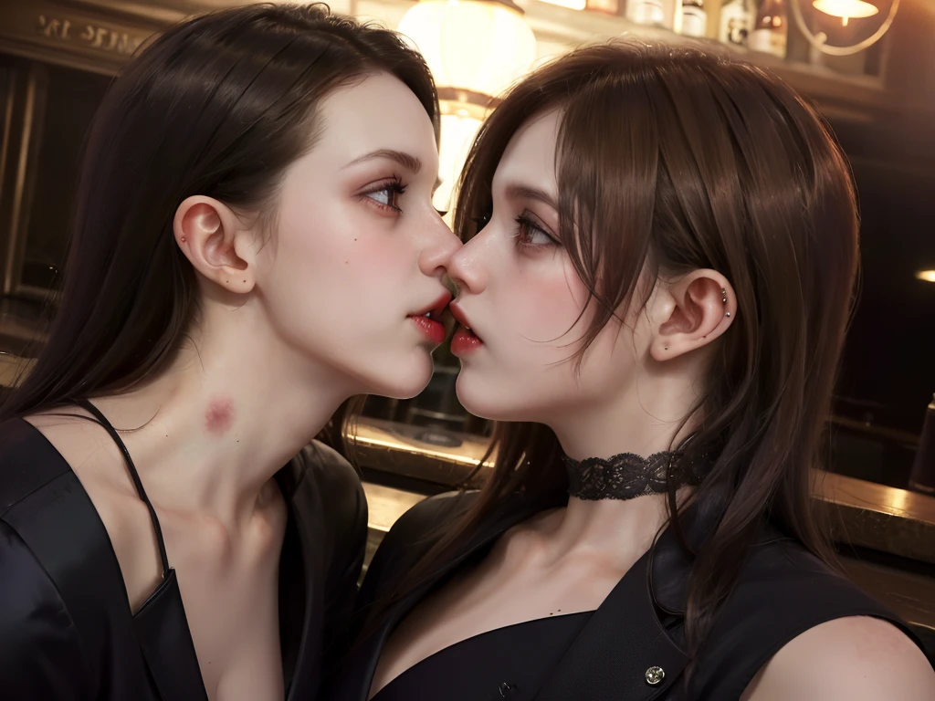 Render masterpiece of beautiful two vampire lesbians kissing in the club near bar counter, stares on each other, French kiss, pale skin, grim light, wide angle, perfect face, photorealistic, hyperdetailed, side view, eye contact with each other, eye to eye, hypnotic look, one person is in black blouse with white sleeve, second woman is in blue business shirt, Vampire The Masquerade style, visible Vampire lesbians, close to bar counter, club light, vampire fangs, best quality, highly detailed, detailed faces, bloody lips, the one is brunette, the second is light-brown, Gothic style, Vampires