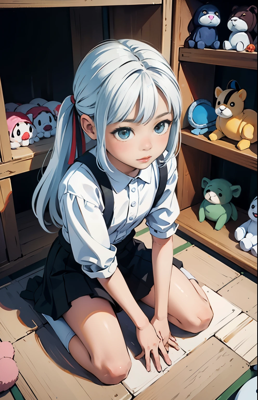 (masterpiece, highest quality), (colorful:1.4), From above, alone, One girl crouching on the ground in a store with a lot of stuffed animals on the shelves, infinitely white, Depth of bounds written,whole head,White idol costume,cute,