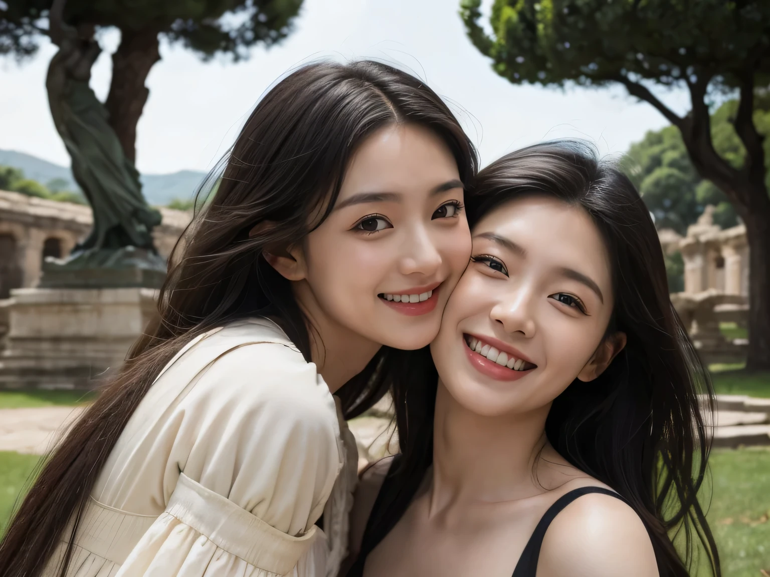 portrait or statue、Ancient Roman ruins、Poussin-style landscape、smile、Sweet and seductive appearance、caravaggio's paintings、caravaggio'chiaroscuro、hair blowing in the wind、Two women having fun、満面のsmile、expression of ecstasy、expression of ecstasy、sexy、full body details