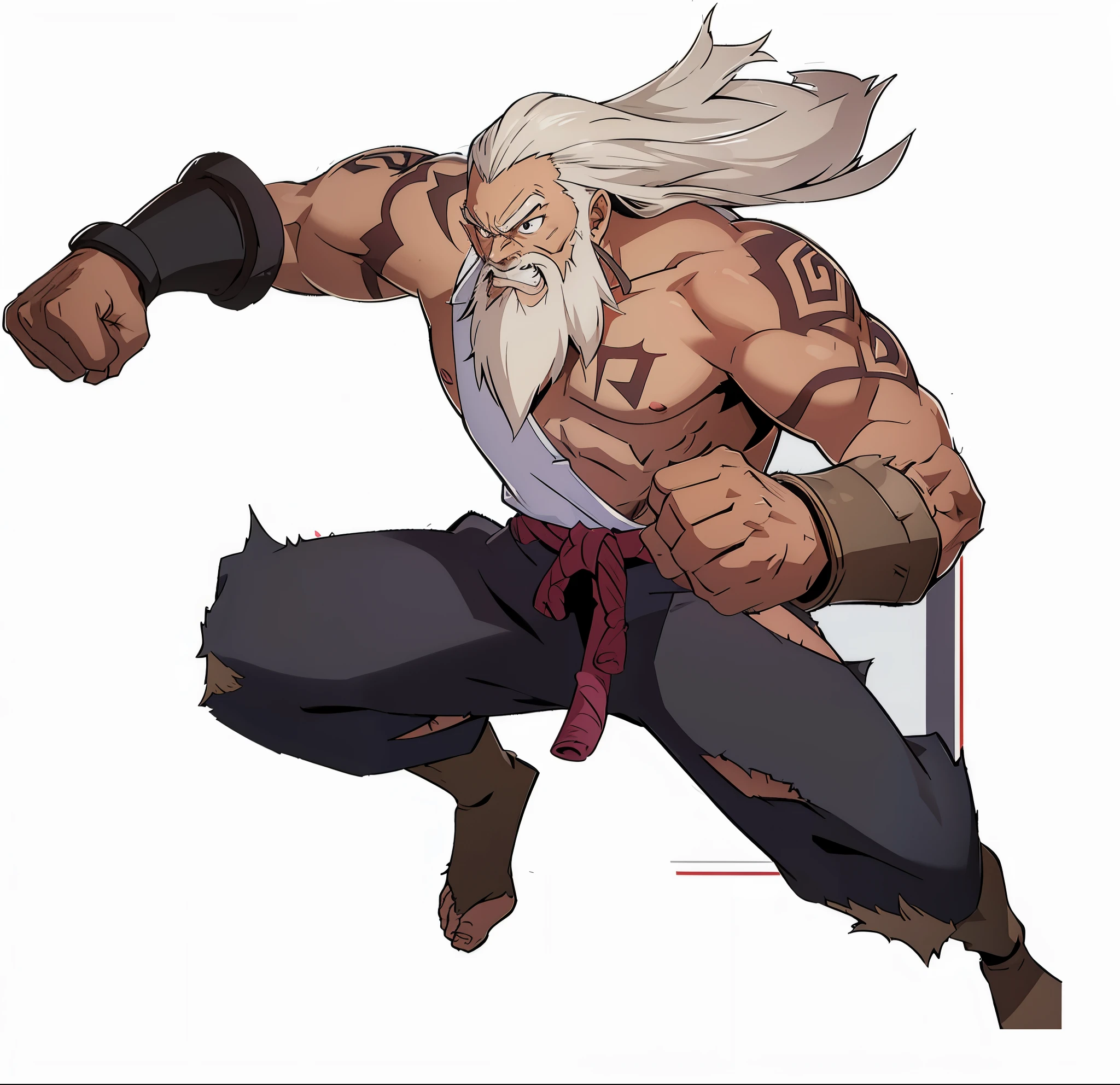 Japanese manga style,Q version,Cartoon,China,Gongbi drawing style,火影ninja,Dark-skinned bearded middle-aged man,muscular,long hair,profile,Side swing,jump,Punch,Violence,profile,Angry eyes,fighting stance,run,Half-body view,ninja,Wears white short sleeves,Purple trousers,,Look at the camera coldly、 怒目圆睁 白发long hair，The details throughout the scene are very detailed, with every aspect of her being a true 杰作. Artwork is of the highest quality, Features ultra-detailed elements and realistic style. The composition is centered on him, placed in a simple yet perfect backdrop that enhances the overall aesthetics. High-resolution images make every detail clearly visible, Ensure a visually stunning experience.