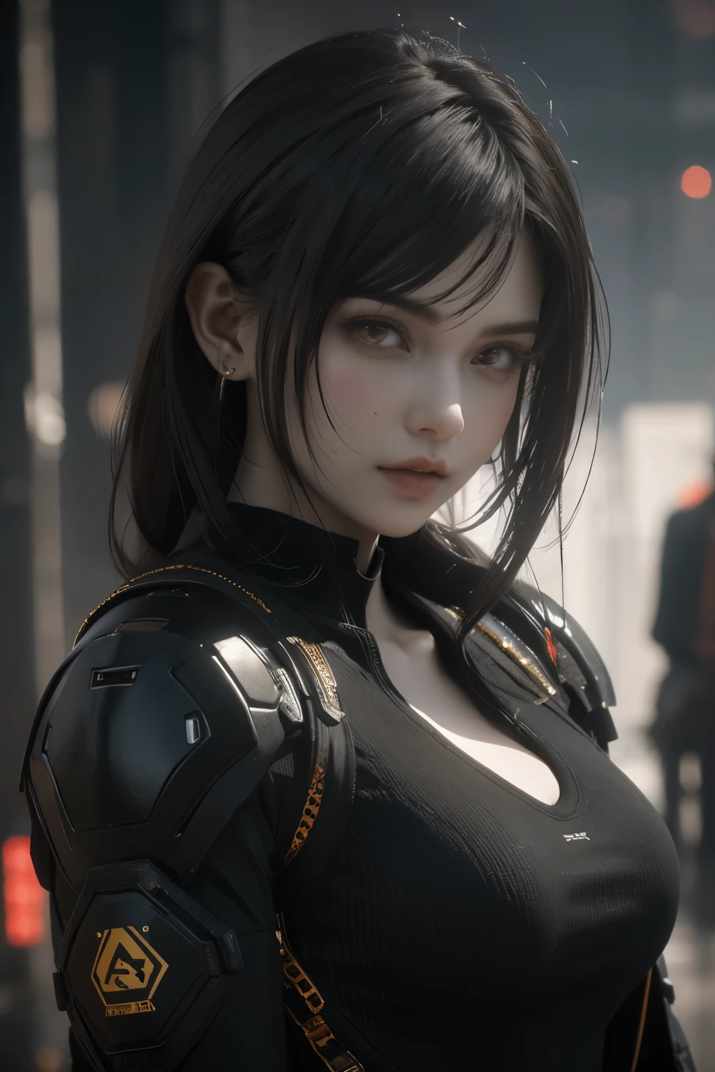 Game art，The best picture quality，Highest resolution，8K，(A bust photograph)，(Portrait)，(Head close-up)，(Rule of thirds)，Unreal Engine 5 rendering works， (The Girl of the Future)，(Female Warrior)， 22岁少女，(Female hackers)，(White，Ancient Oriental hairstyle)，((The pupils of the red eyes:1.3))，(A beautiful eye full of detail)，(Big breasts)，(Eye shadow)，优雅迷人，冷漠，((Anger))，(Cyberpunk jacket full of futuristic look，Joint Armor，There are exquisite Chinese patterns on the clothes，A flash of jewellery)，赛博朋克人物，未来风格， 拍照姿势，城市背景，Movie lights，Ray tracing，Game CG，((3D Unreal Engine))，oc渲染反射纹