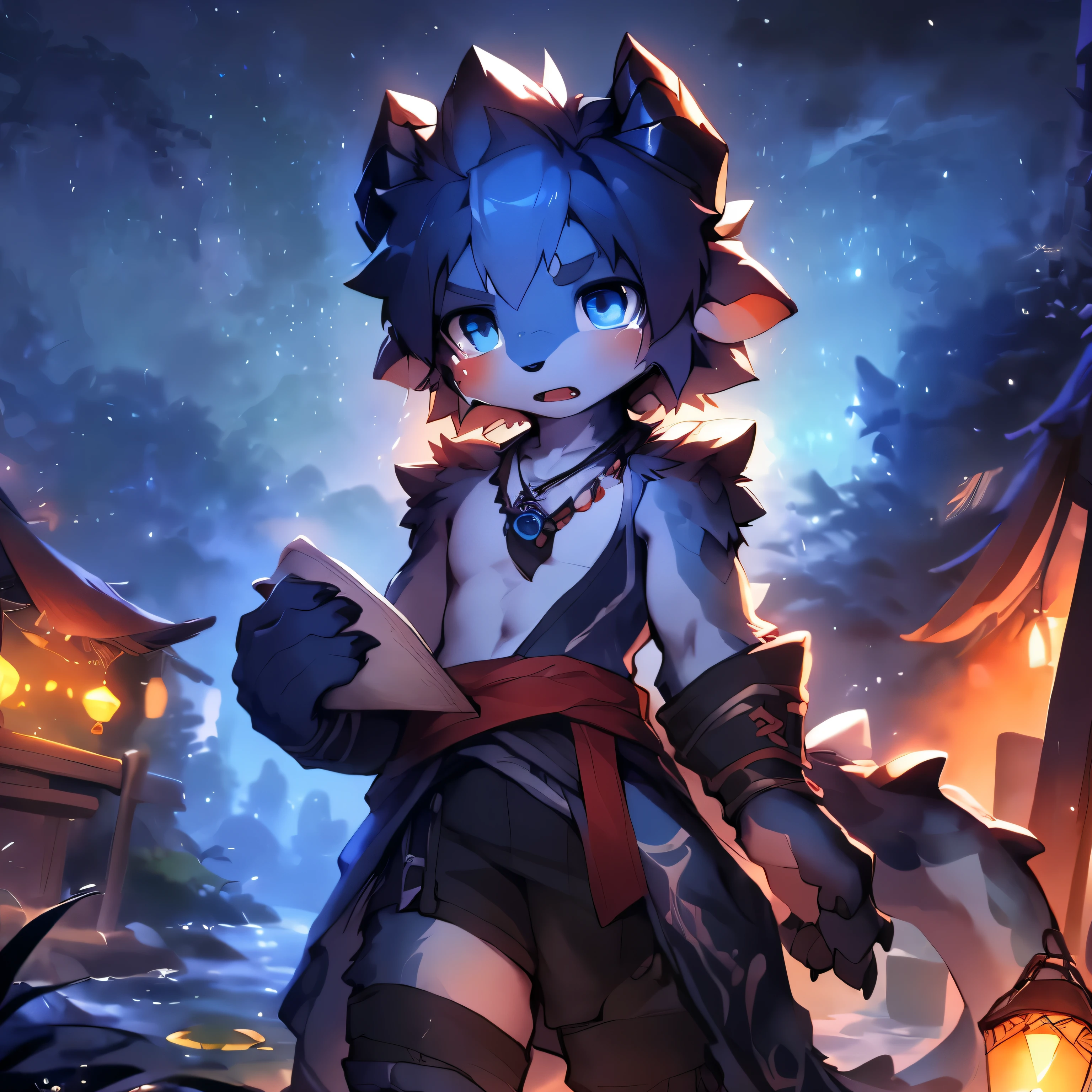 three quarter view,Dark blue body,fluffy hair,Shota,blue hair,juvenile,blue eyes , charming, Master masterpieces, high resolution,8k,Detailed background,high quality,horny boy,dragon's Horn,dragon尾,dragon鳞,dragon ,the only person,((author:Puinki,artist:1.2),(author:Unreal Land,author:Kuroi Junmi,author:Milk Tiger 1145,author:Morkey,author:Emolga 1,Through oocysts:1.2),(author:Xia Huaiting:0.8),(author:Pino Deheni:0.8),(by hioshiru:0.8),(author:Chunni:0.8).)angel halo,glow tattoo,sad expression,Open mouth and fangs,dark night,Orange leg rings,There is a black line in the middle,no shoes,rain,dark background,Clear,night,moon background,lantern,wolf tail,Bone necklace,Vertical painting,Standing whole body,watercolor style,night,burst into tears,cry,dragon角 ,Long Zhengtai,quadrilateral,correct proportions