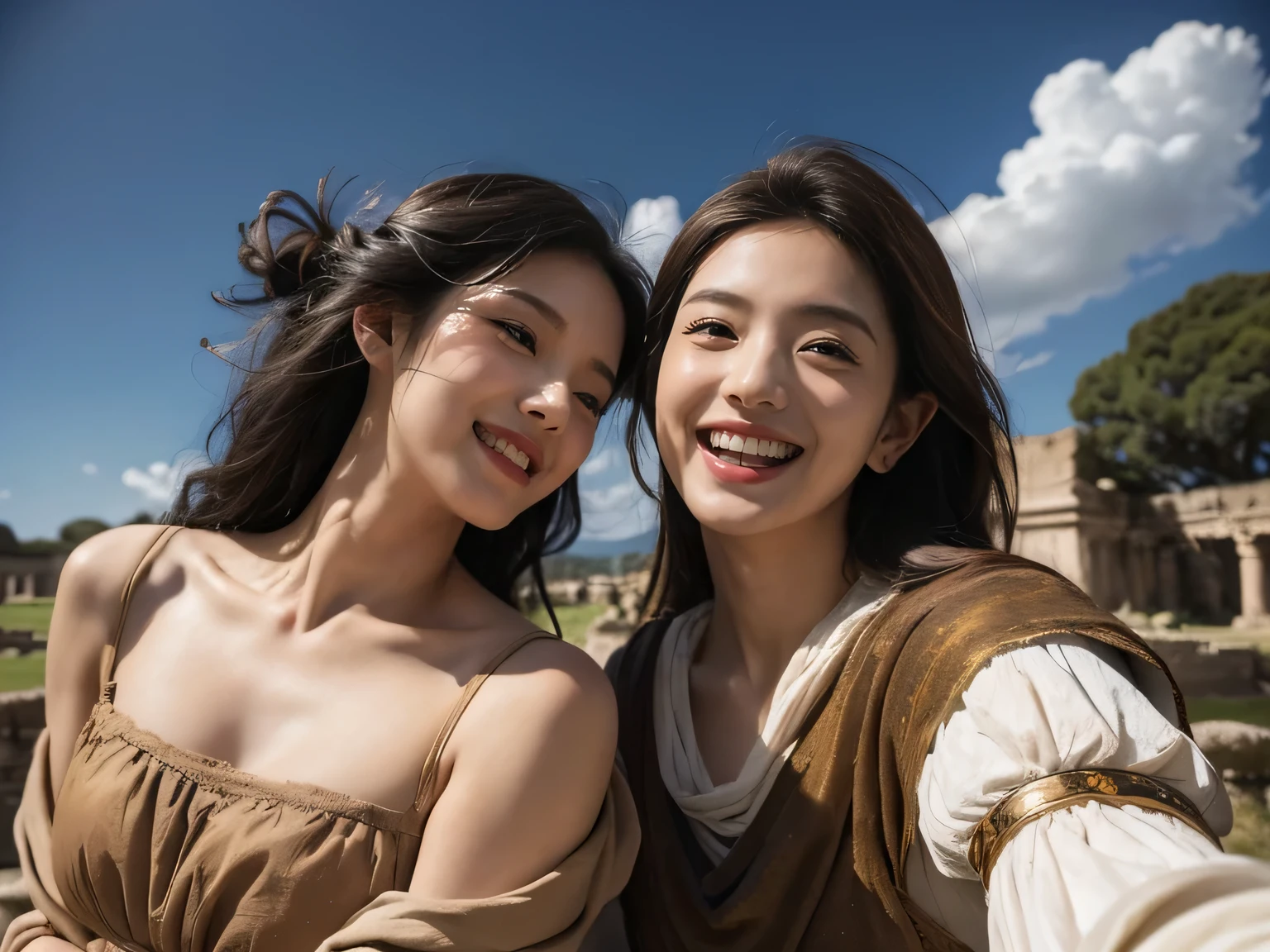 portrait or statue、Ancient Roman ruins、Poussin-style landscape、smile、Sweet and seductive appearance、caravaggio's paintings、caravaggio'chiaroscuro、hair blowing in the wind、Two women having fun、満面のsmile、expression of ecstasy、expression of ecstasy、sexy、full body details