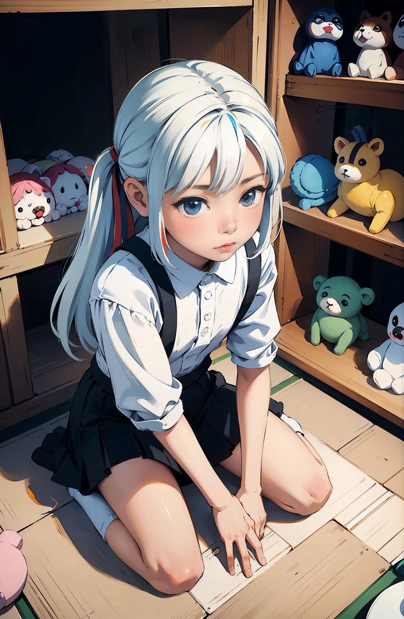 (masterpiece, highest quality), (colorful:1.4), From above, alone, One girl crouching on the ground in a store with a lot of stuffed animals on the shelves, infinitely white, Depth of bounds written,whole head,White idol costume,cute,