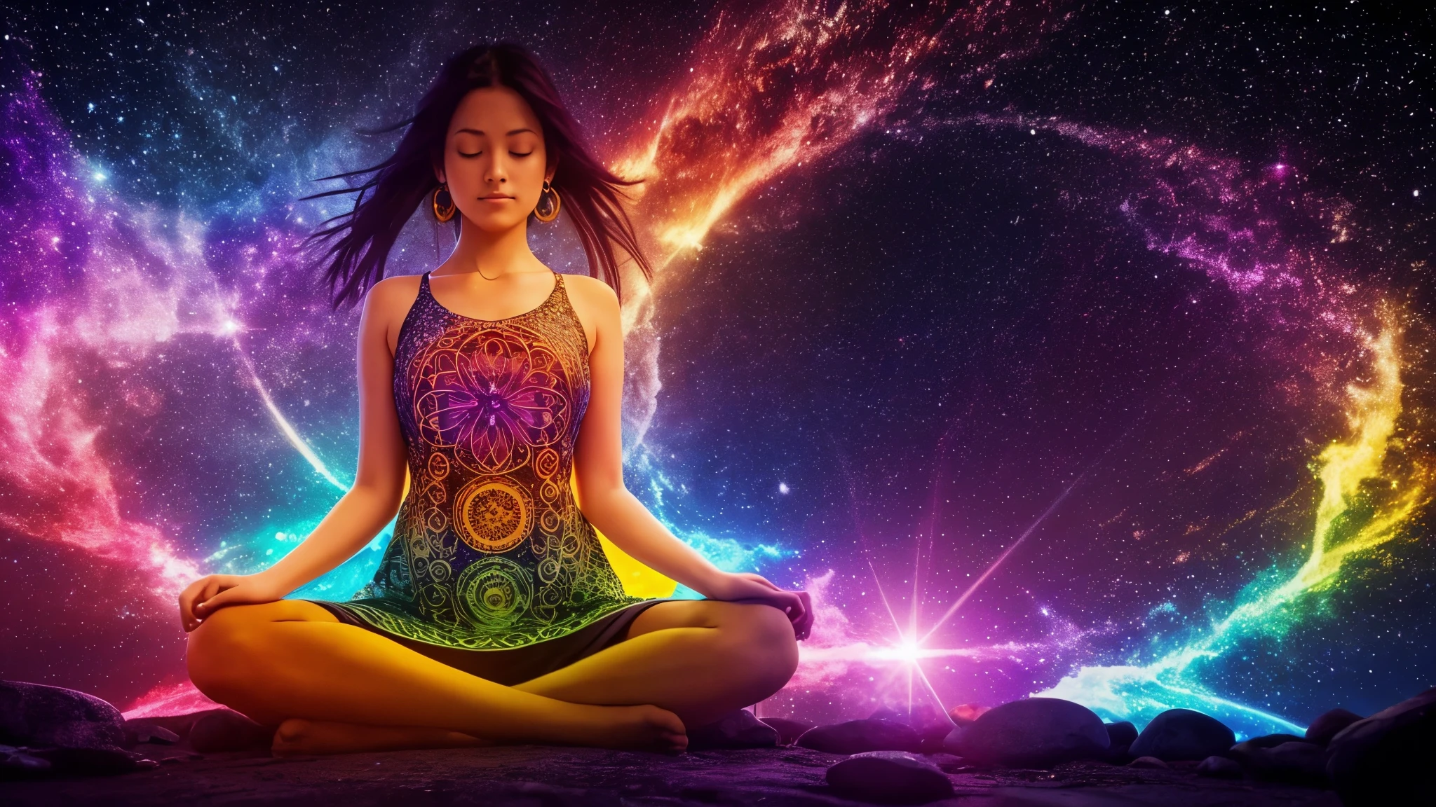 person sitting in the middle, Gathering chakra, Colorful and amazing patterns surround people., The brightly shining universe is shining in the sky, Hopeful and full of energy