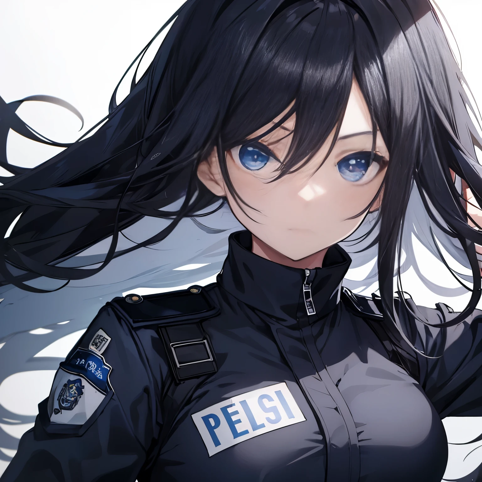 【Highest Quality, masutepiece】 [1 girl,expressioness, Female Police Officer ,Jet black head of hair, beautifull detailed face, Very blue eyes, large full breasts, Long hair fluttering in the wind, jet-black hair, Serious look, Upper body] (Gray white background:1.2),