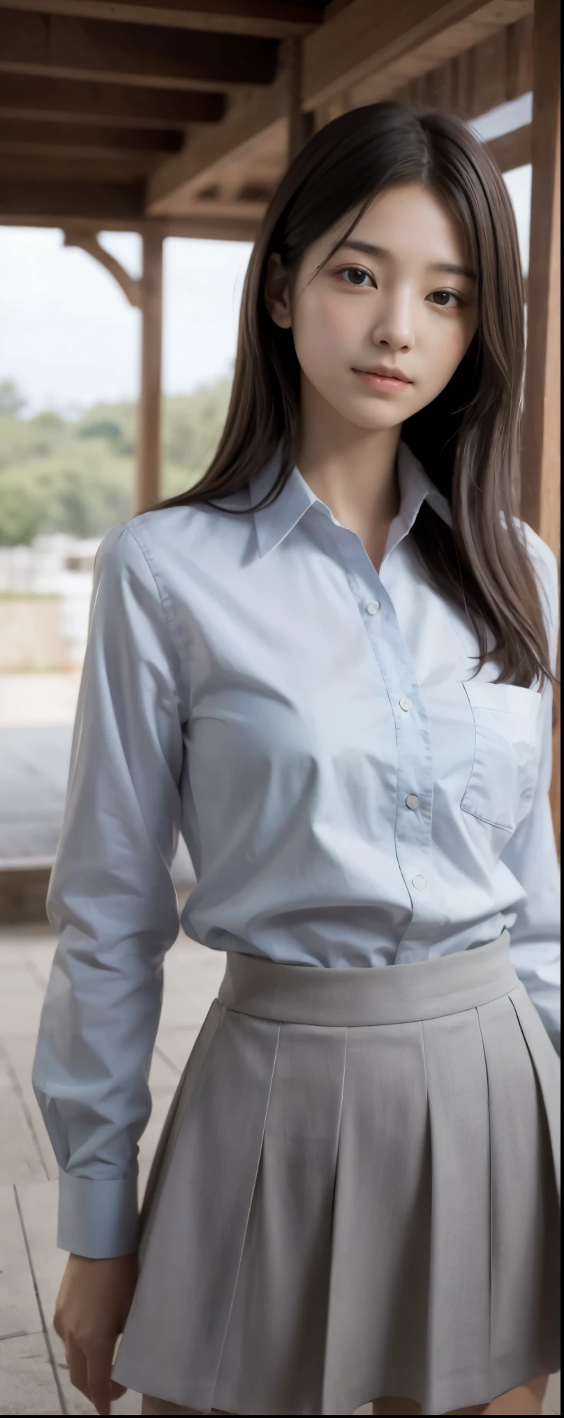 Shoulder-length straight hair sways in the wind + dress shirt, skirt,
(RAW photo, highest quality), (realistic, Photoreal:1.3), masterpiece, very delicate and beautiful, soft light, (brown hair, Shoulder-length straight hair sways in the wind), beautiful detailed girl, (finger details), highly detailed eyes and face, beautifully detailed nose, beautiful and fine eyes, 1 girl, Japanese, neat beauty, cute, young, smile, dress shirt, skirt, (Half body:1.3), (medium breasts), realistic face, realistic body, outdoor