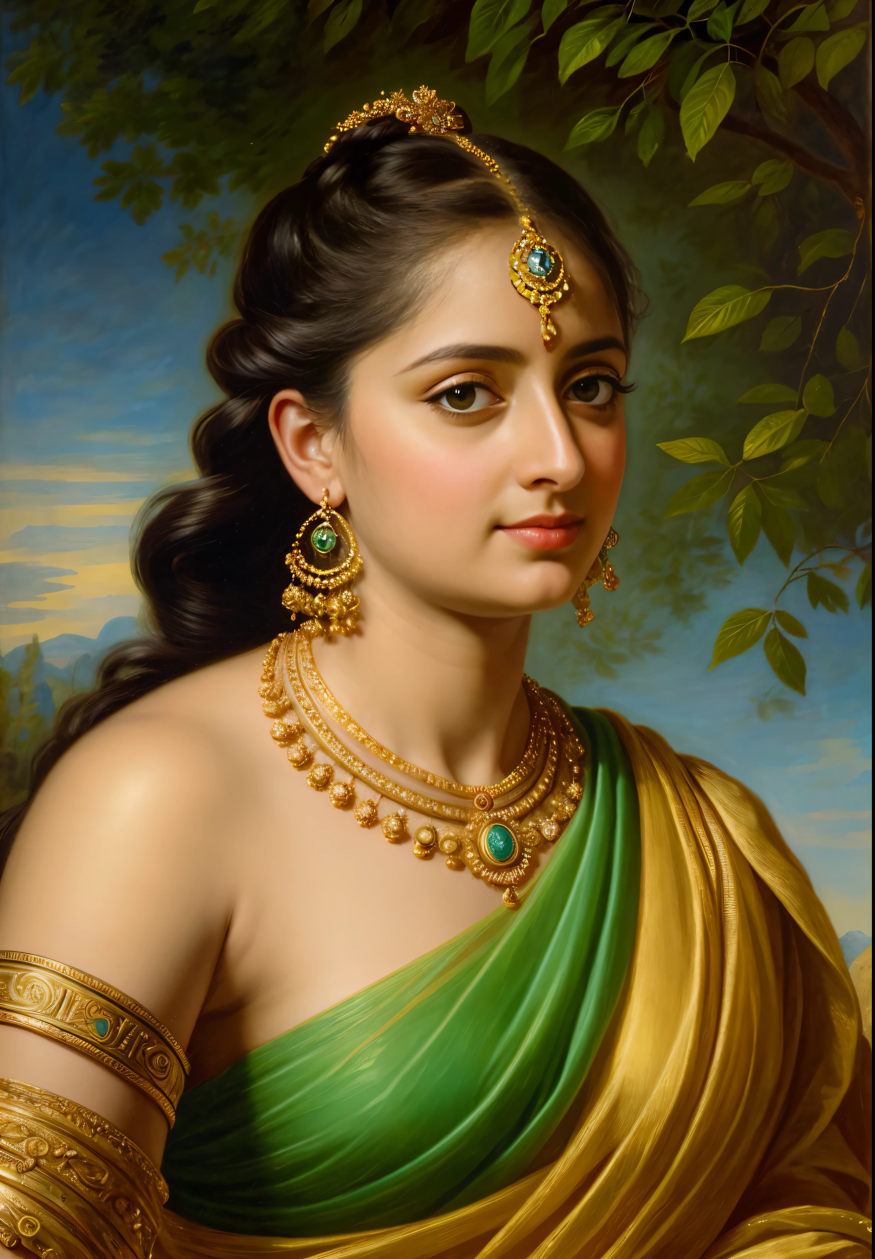 Looks like Anushka Shetty, Masterpiece, Best quality, high clarity eyes, beautifully styled hair, critically flawless,sharp picture, Full portrait, High pixels, perfect face, perfect eyes, beautiful face, perfect hands,perfect fingers, in Peter Paul Rubens style, by Peter Paul Rubens, baroque style, acrylic on canvas, highly detailed, description: "Create a nymph inspired by the tales of Greek or Roman mythology, embodying the essence of a natural element or location, and possessing a unique ability or trait that sets her apart."