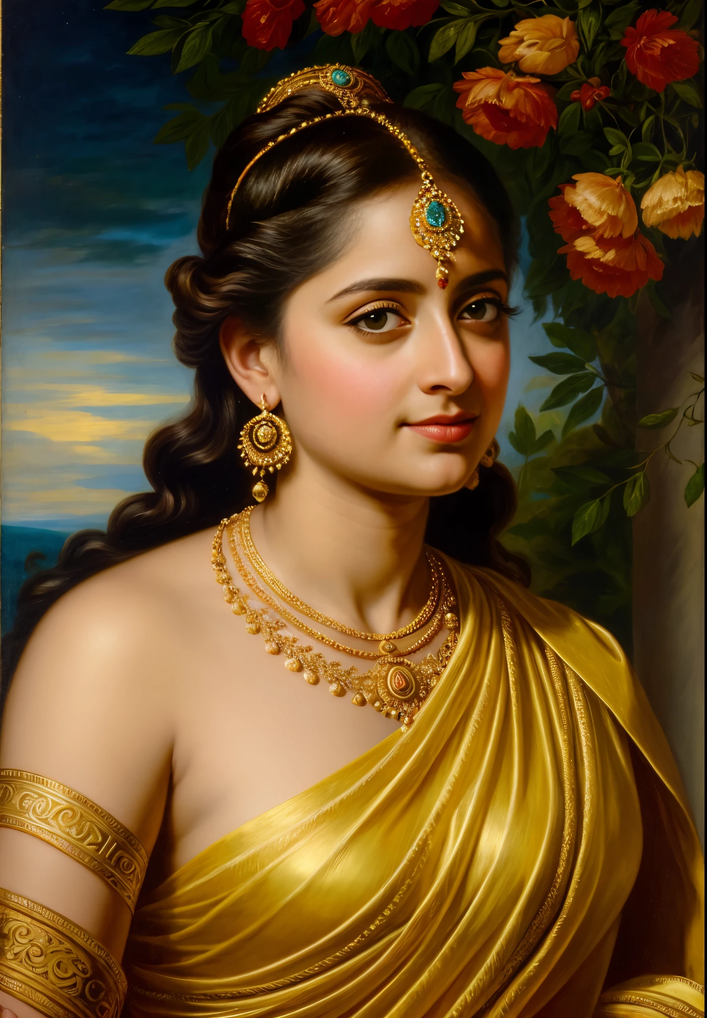 Looks like Anushka Shetty, Masterpiece, Best quality, high clarity eyes, beautifully styled hair, critically flawless,sharp picture, Full portrait, High pixels, perfect face, perfect eyes, beautiful face, perfect hands,perfect fingers, in Peter Paul Rubens style, by Peter Paul Rubens, baroque style, acrylic on canvas, highly detailed, description: "Create a nymph inspired by the tales of Greek or Roman mythology, embodying the essence of a natural element or location, and possessing a unique ability or trait that sets her apart."