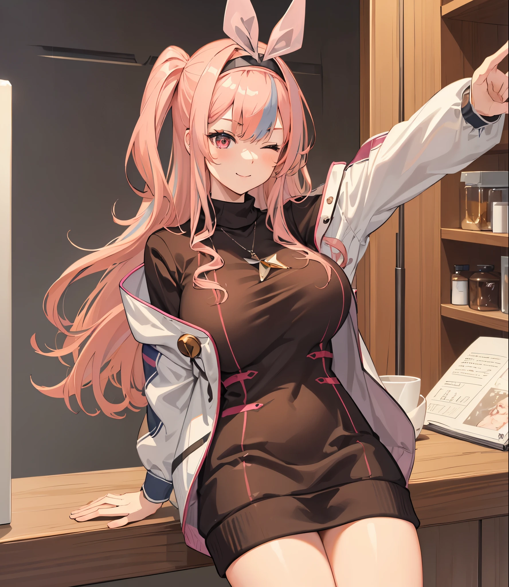 (extremely detailed CG unity 8k wallpaper), (((masterpiece))), (((best quality))), ((ultra-detailed)), (((illustration))), (best shadow), ((an extremely delicate and beautiful)), (detailed light), (well designed face), amazing face, (super detailed), cinematic shot, beautiful detailed eyes, detailed background, 1girl, solo, ((pink hair)), ((multicolored hair)), ((red eyes)), ((wavy hair)), (headband), ((halterneck)), huge breasts, firts rate breasts, first rate female bodies, (sleveless sweater), ((open chest sweater)), white jacket, open jacket, inside a cafe, interior design, bewitching thighs, smile, one eye closed, cowboy shot, (peace sign),