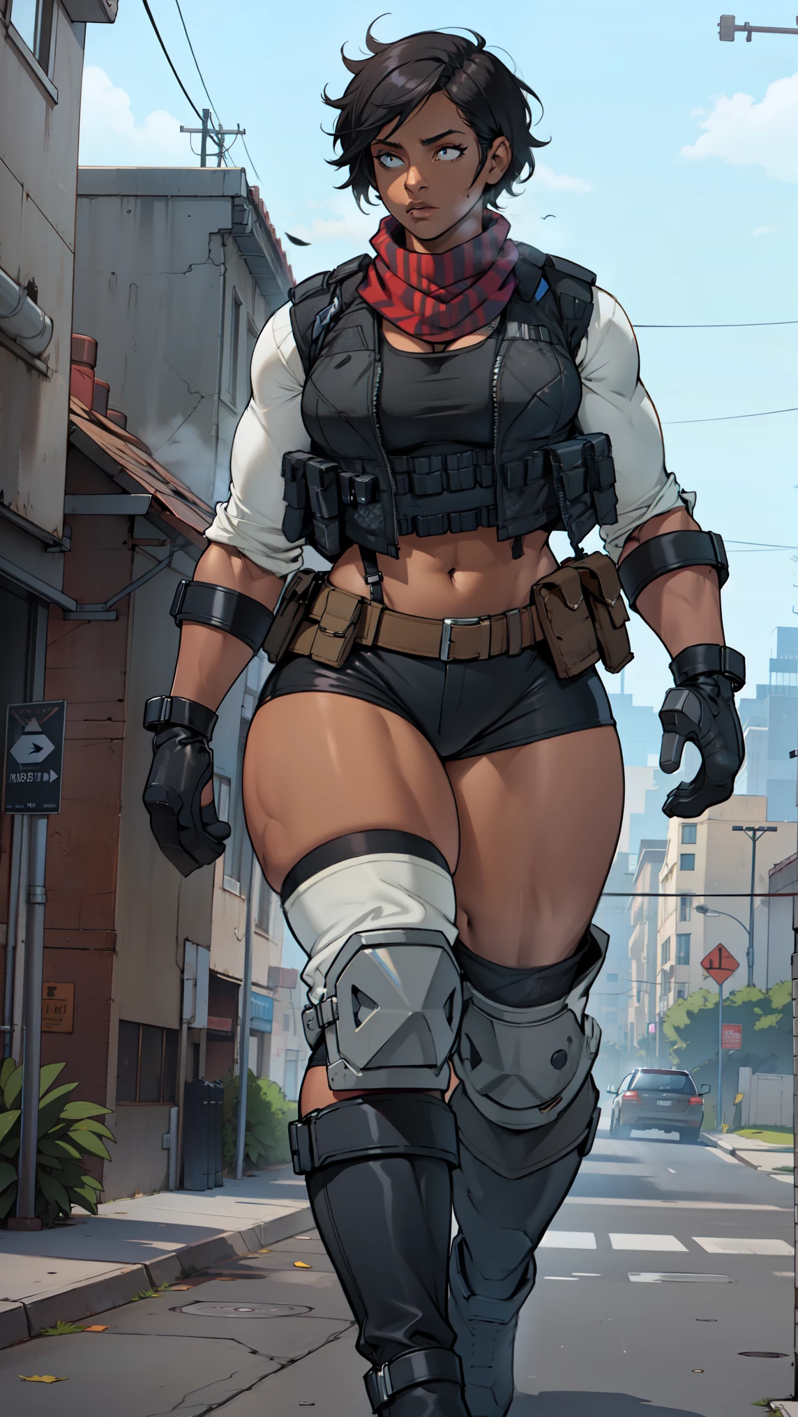 extremely dark skin short hair perfect anatomy 1 girl tall solo curvy crop top toned body ((lagging)) ((perfect hands)) ((boots)) ((scarf)) ((gloves)) ((bulletproof vest)) ((knee pads)) ((sexy))