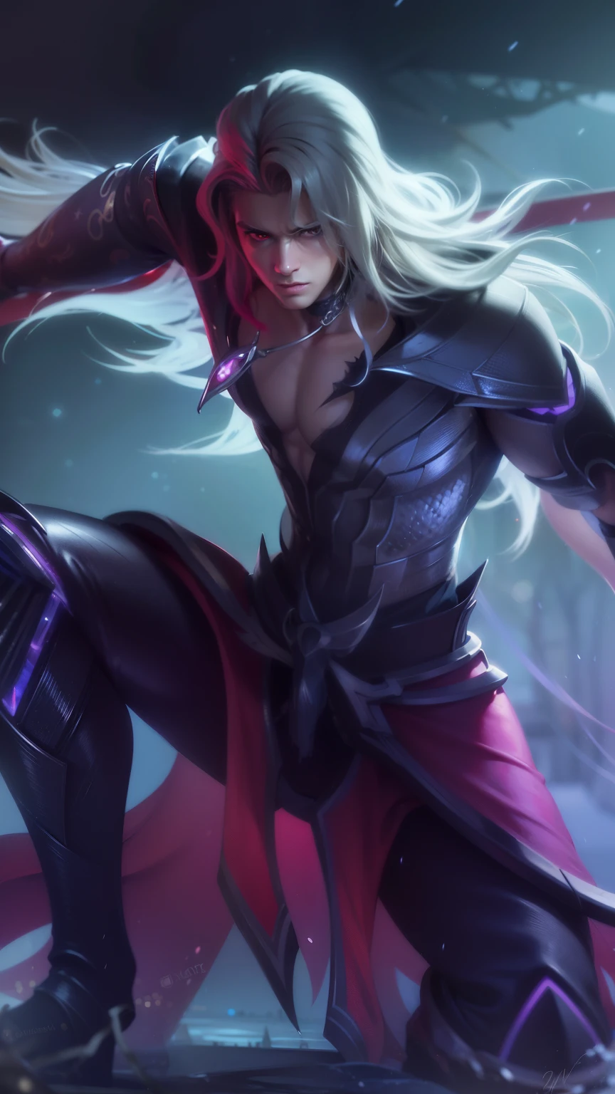 masculine male, masterpiece, ((perfect eyes)) best quality, (semirealism:1.9), beautiful lighting, (extremely detailed CG unity 4k fhd wallpaper), High Detail, Sharp focus, dramatic outdoors, 1 boy ,30 years old, white long hair, red light eyes.