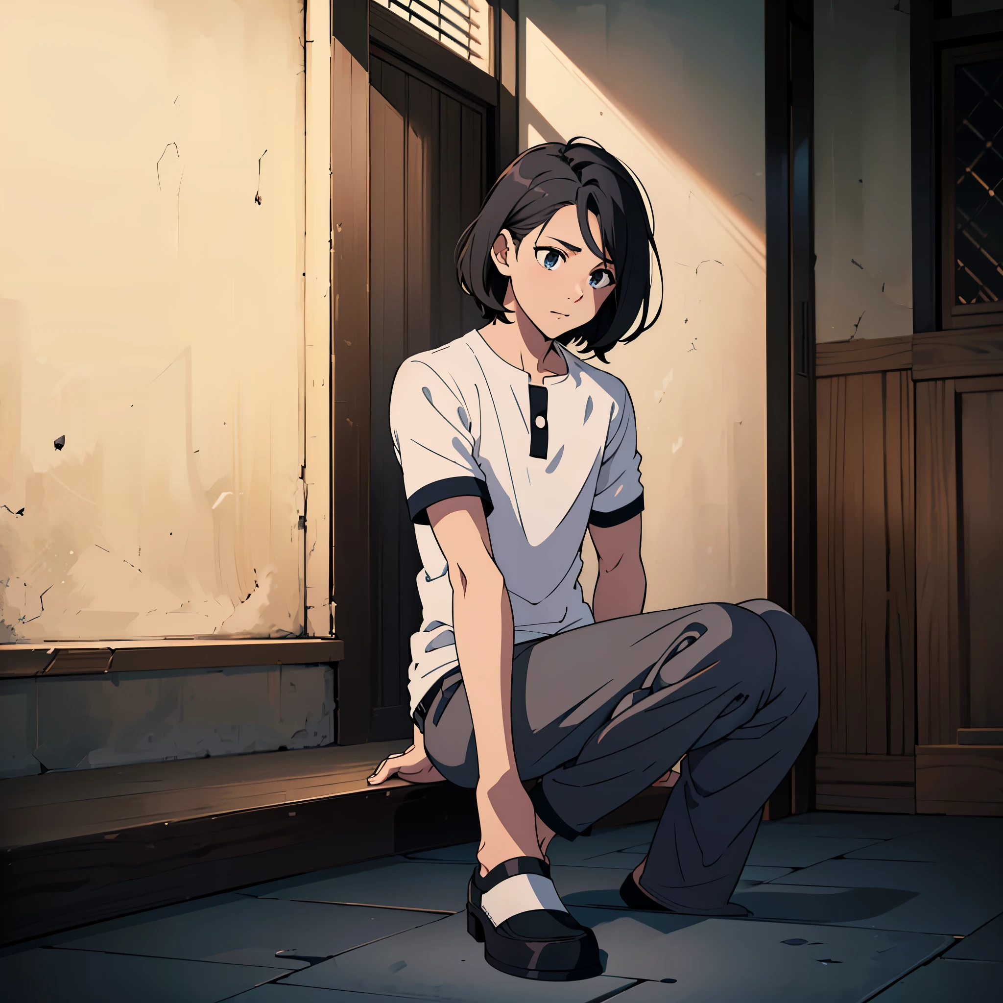 top quality, work, 1 person, solo, full body, gray pants, white shirt, short sleeves, middle part hair, black hair, middle part shaved middle school outfit, school, background, light and shadow, lighting,