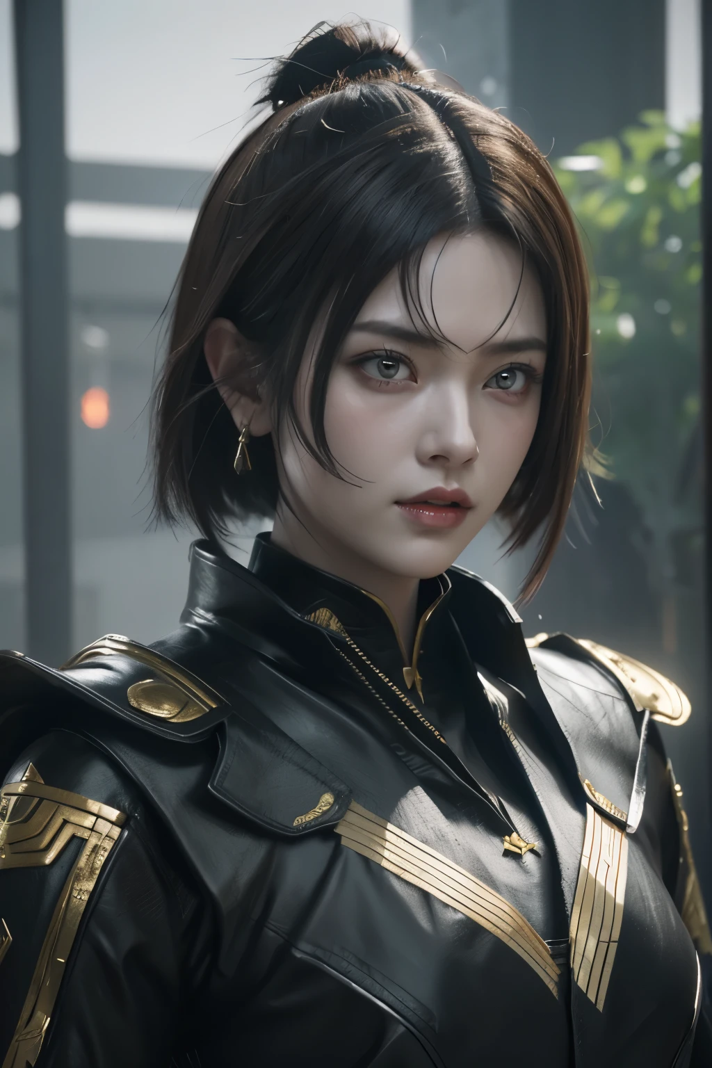 Game art，The best picture quality，Highest resolution，8K，(A bust photograph)，(Portrait)，(Head close-up)，(Rule of thirds)，Unreal Engine 5 rendering works， (The Girl of the Future)，(Female Warrior)， 22岁少女，(Female hackers)，(White，Ancient Oriental hairstyle)，((The pupils of the red eyes:1.3))，(A beautiful eye full of detail)，(Big breasts)，(Eye shadow)，优雅迷人，冷漠，((Anger))，(Cyberpunk jacket full of futuristic look，Joint Armor，There are exquisite Chinese patterns on the clothes，A flash of jewellery)，赛博朋克人物，未来风格， 拍照姿势，城市背景，Movie lights，Ray tracing，Game CG，((3D Unreal Engine))，oc渲染反射纹