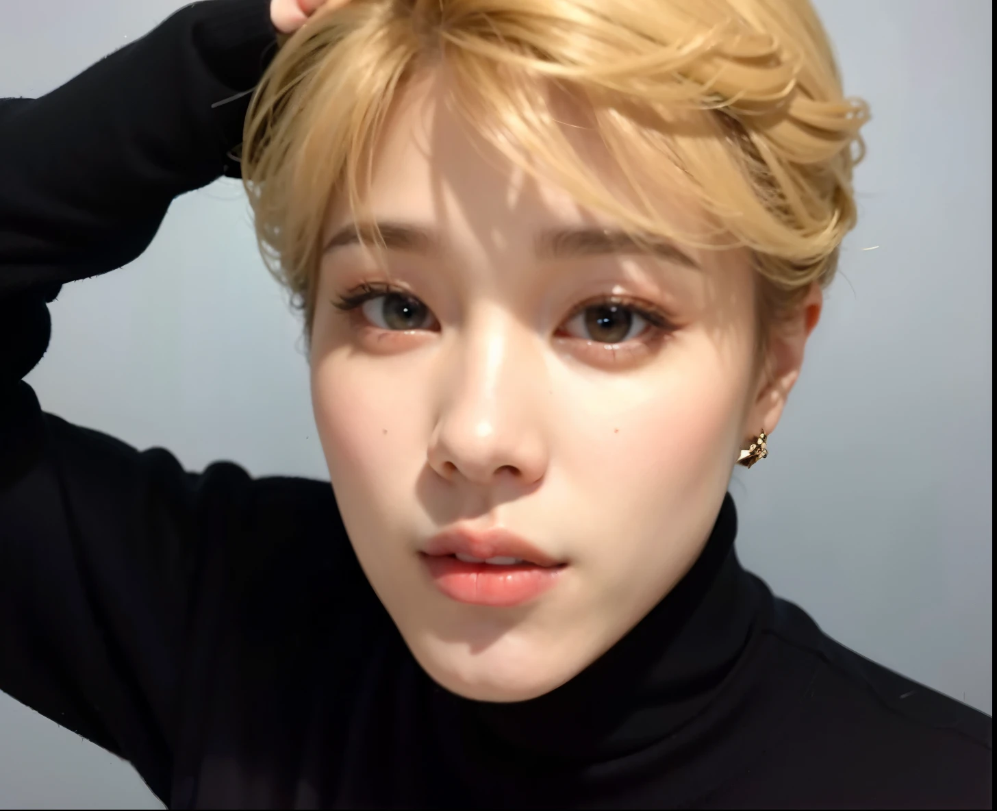 cropped man in a black turtleneck shirt and a black sweater, Jimin\the full lips, accurate Jimin face, park Jimin, Jimin\the right eyelid is swollen, Jimin, Jimin\o nariz grego, com cabelo curto, Jimin fofo bts, park jimin, adorable and pale korean face, jimin park, profile picture with headshot