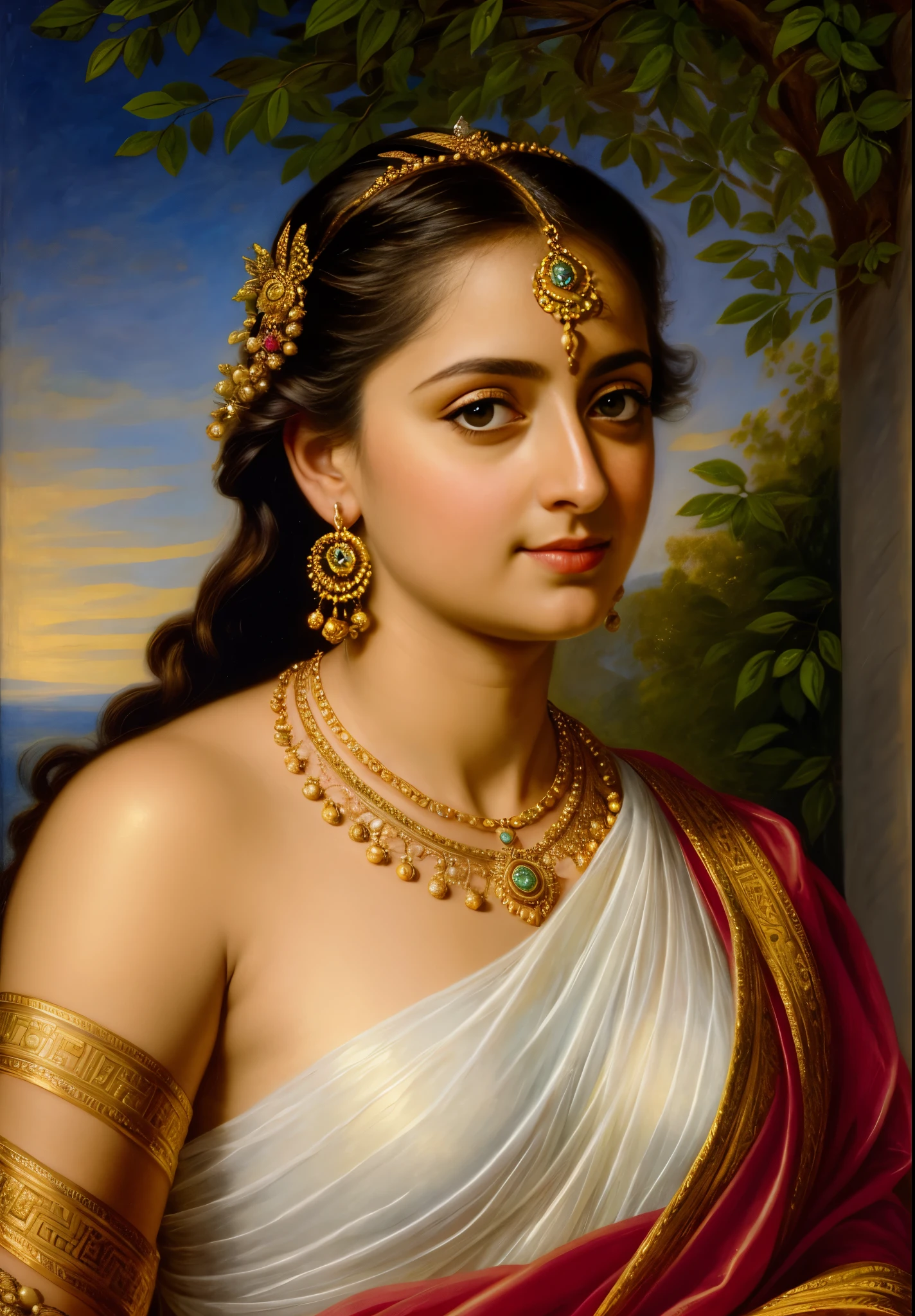 Looks like Anushka Shetty, Masterpiece, Best quality, high clarity eyes, beautifully styled hair, critically flawless,sharp picture, Full portrait, High pixels, perfect face, perfect eyes, beautiful face, perfect hands,perfect fingers, in Peter Paul Rubens style, by Peter Paul Rubens, baroque style, acrylic on canvas, highly detailed, description: "Create a nymph inspired by the tales of Greek or Roman mythology, embodying the essence of a natural element or location, and possessing a unique ability or trait that sets her apart."