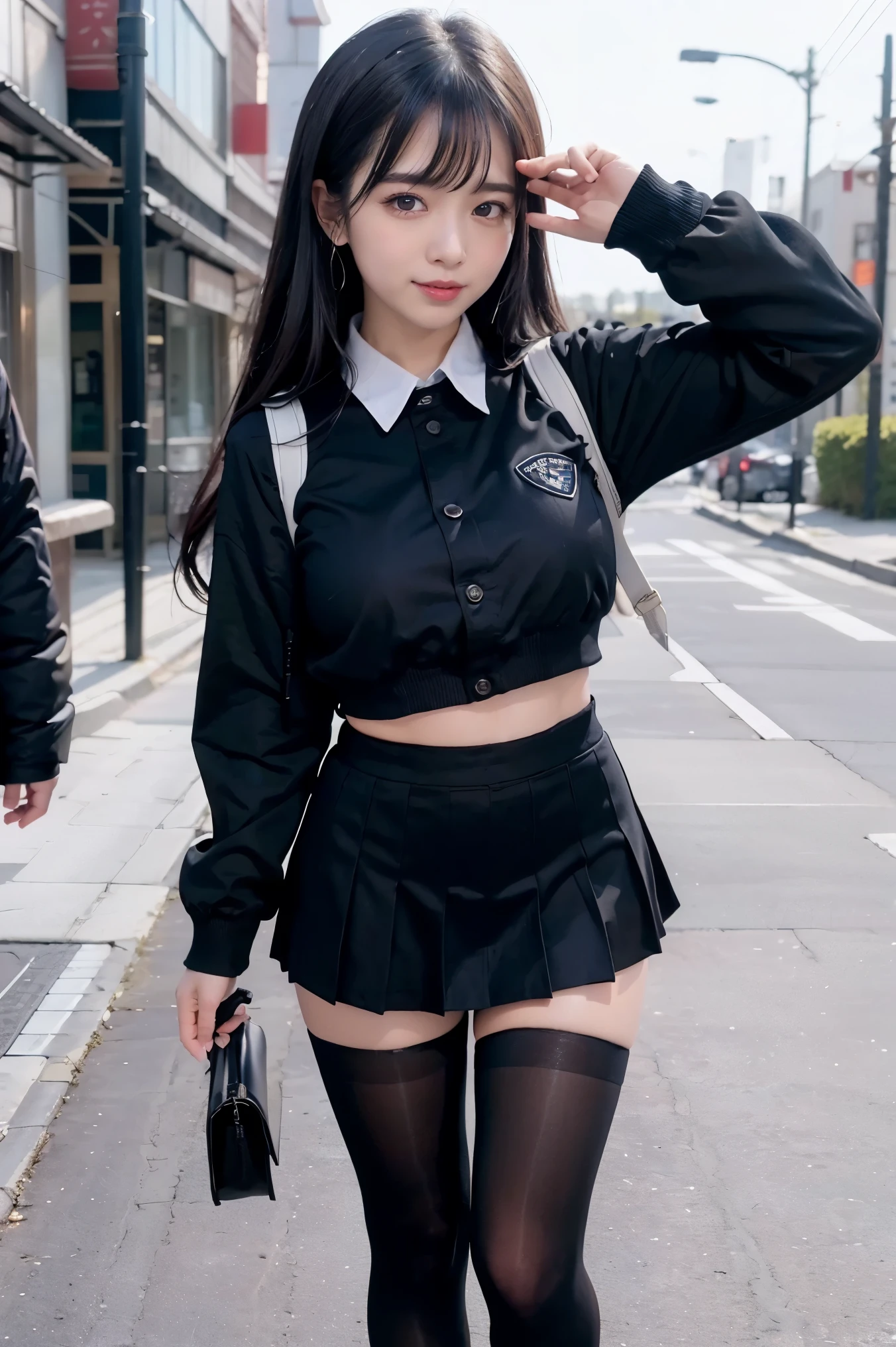 Low - Angle、((full body photo))、smile、童顔でmicro mini skirt履いて((expensive))There is one woman of、super short skirt、I can see some pants、I can see a little butt、(1 girl)、amazingly cute 、skinny fit uniform、Winter clothes、Japanese school blue uniform、((big breasts))、surreal、garter ring、leg garter、wearing a black uniform、Full body Esbian、nice thighs、((long legs))、(((wide thighs)))、((micro mini skirt))、(black pantyhose)、(I'Iはハイヒールの革靴を履いています)、Nogizaka Idol、korean idol、Inviting eyes