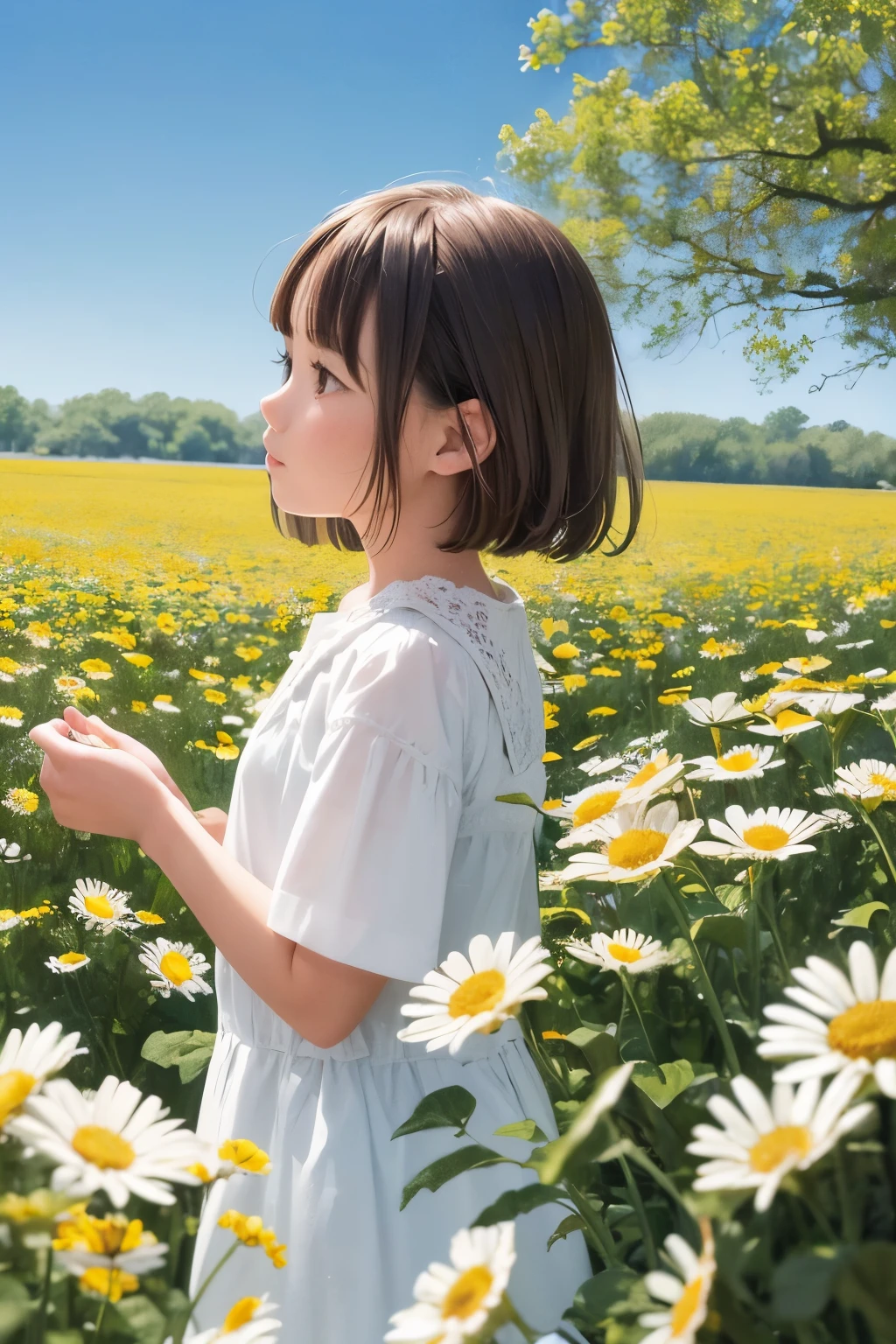 Watercolor painting of a charming Dutch Indonesian girl, engrossed in coloring a serene field of daisies. The image showcases a predominantly monochromatic palette, with selective pops of yellow and red hues to bring the blooms to life. Minimalist in nature, the focus lies in intricately captured details of the girl's features, her delicate fingers, and the textured petals of the daisies. (best quality: 1.0), (minimalist: 1.0), (ultra highres: 1.0), (watercolor painting: 1.0), (detailed: 1.0)