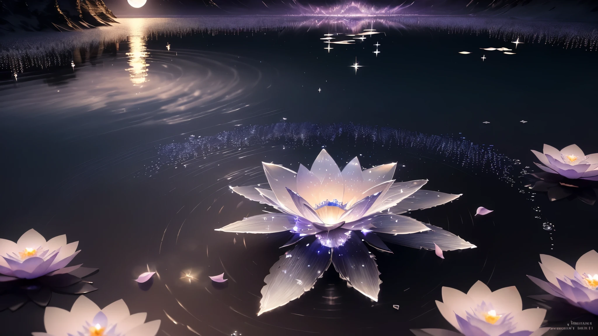 tmasterpiece, beste-Qualit, (Very detailed CG unity 8k wallpaper), (beste-Qualit), (the best illustration), (best shadows), glow sprite, (Without people:1.5), Lack of people,Night Landscape, Round Lake, It is surrounded by a forest wall of trees, (Lake, Shining with moonlight: 1.3), The sky, Full of stars, The moon hovered over the lake, (Shining threads of moonlight descend into the lake: 1.4), (A beautiful flower rises from the center of the lake:1.4 ), (Crystal flower:1.5), (Crystal petals shimmer in the moonlight:1.5), Multi-colored sparks swirl around the flower, Fantasy, Intricate, elegant, Highly detailed, Digital Painting, Artstation, Concept art, Matte, Clear Focus, illustartion. Very High Definition, Masterpiece, Amazing, Trendy ArtStation, 8K, UHd, high detail, Very high detail, Masterpiece, (粒子特效) etc. D.....3d , Octane ренDеринг, ray traced, superdetail