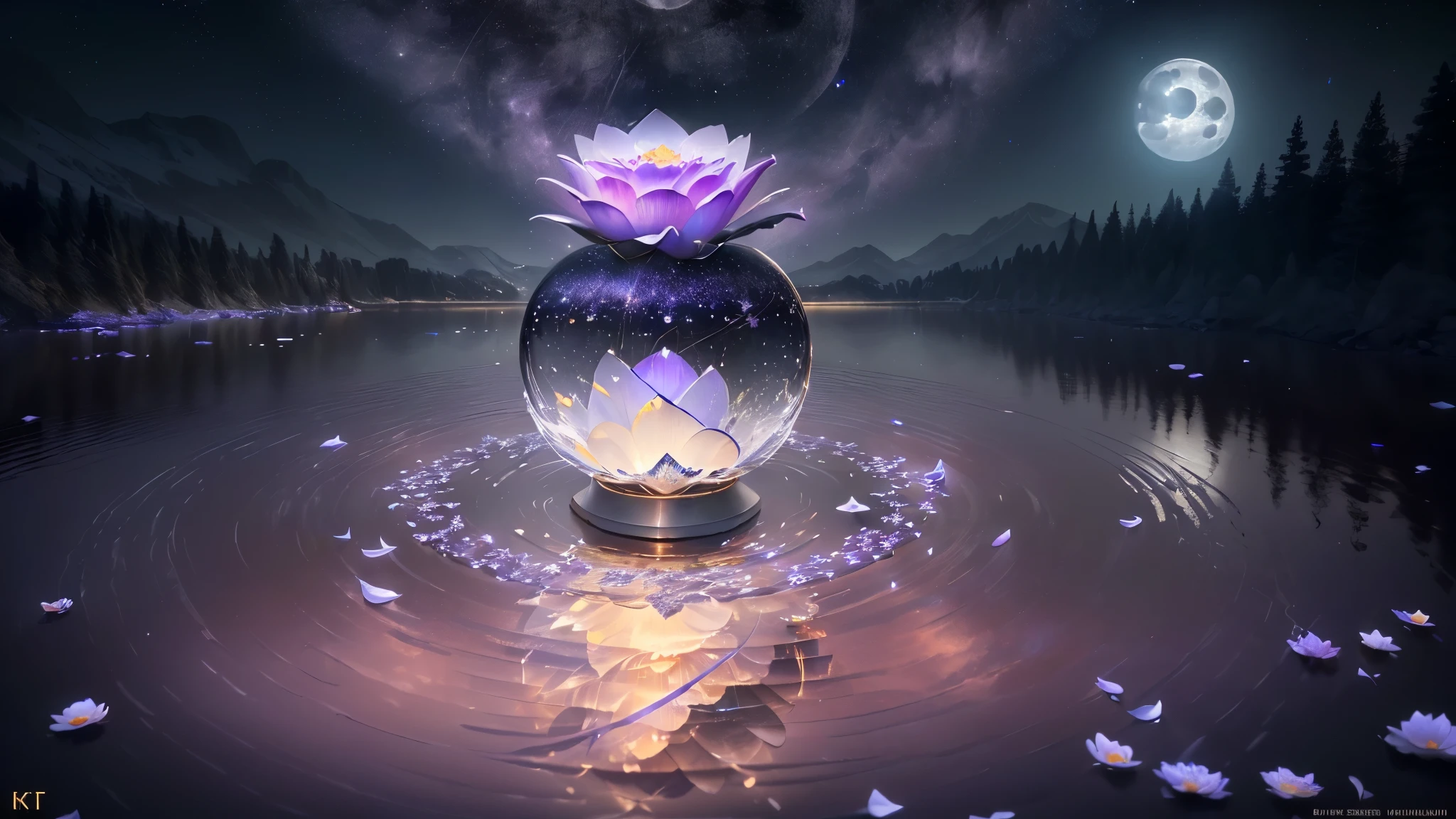 tmasterpiece, beste-Qualit, (Very detailed CG unity 8k wallpaper), (beste-Qualit), (the best illustration), (best shadows), glow sprite, (Without people:1.5), Lack of people,Night Landscape, Round Lake, It is surrounded by a forest wall of trees, (Lake, Shining with moonlight: 1.3), The sky, Full of stars, The moon hovered over the lake, (Shining threads of moonlight descend into the lake: 1.4), (A beautiful flower rises from the center of the lake:1.4 ), (Crystal flower:1.5), (Crystal petals shimmer in the moonlight:1.5), Multi-colored sparks swirl around the flower, Fantasy, Intricate, elegant, Highly detailed, Digital Painting, Artstation, Concept art, Matte, Clear Focus, illustartion. Very High Definition, Masterpiece, Amazing, Trendy ArtStation, 8K, UHd, high detail, Very high detail, Masterpiece, (粒子特效) etc. D.....3d , Octane ренDеринг, ray traced, superdetail