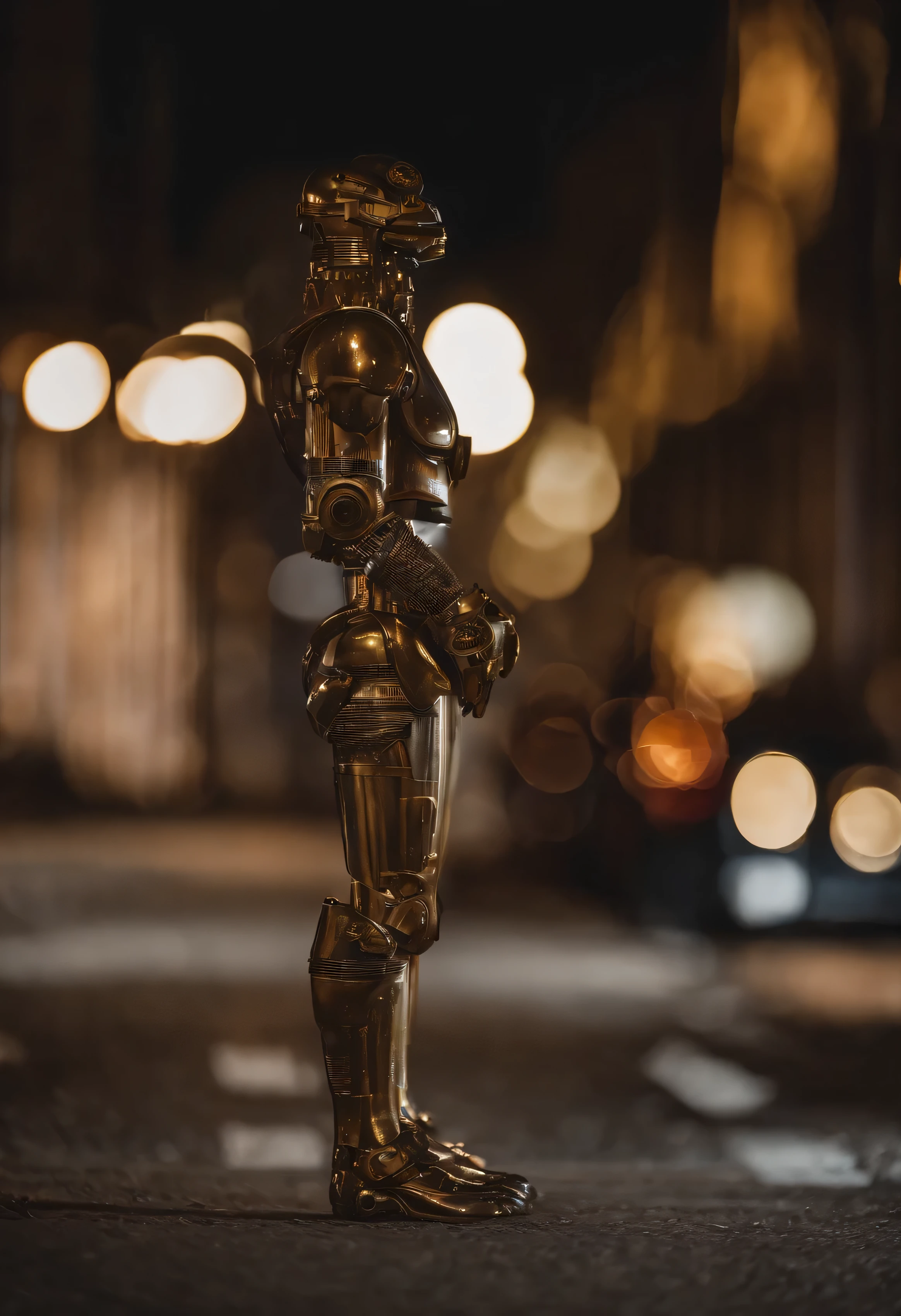 close shot,top view,Legs close-up,Only the legs are exposed,A mechanical leg,Mecha,prosthetic limbs,Kaneko,backlight,depth of field, Bokeh,night,dark night,dimly lit street,