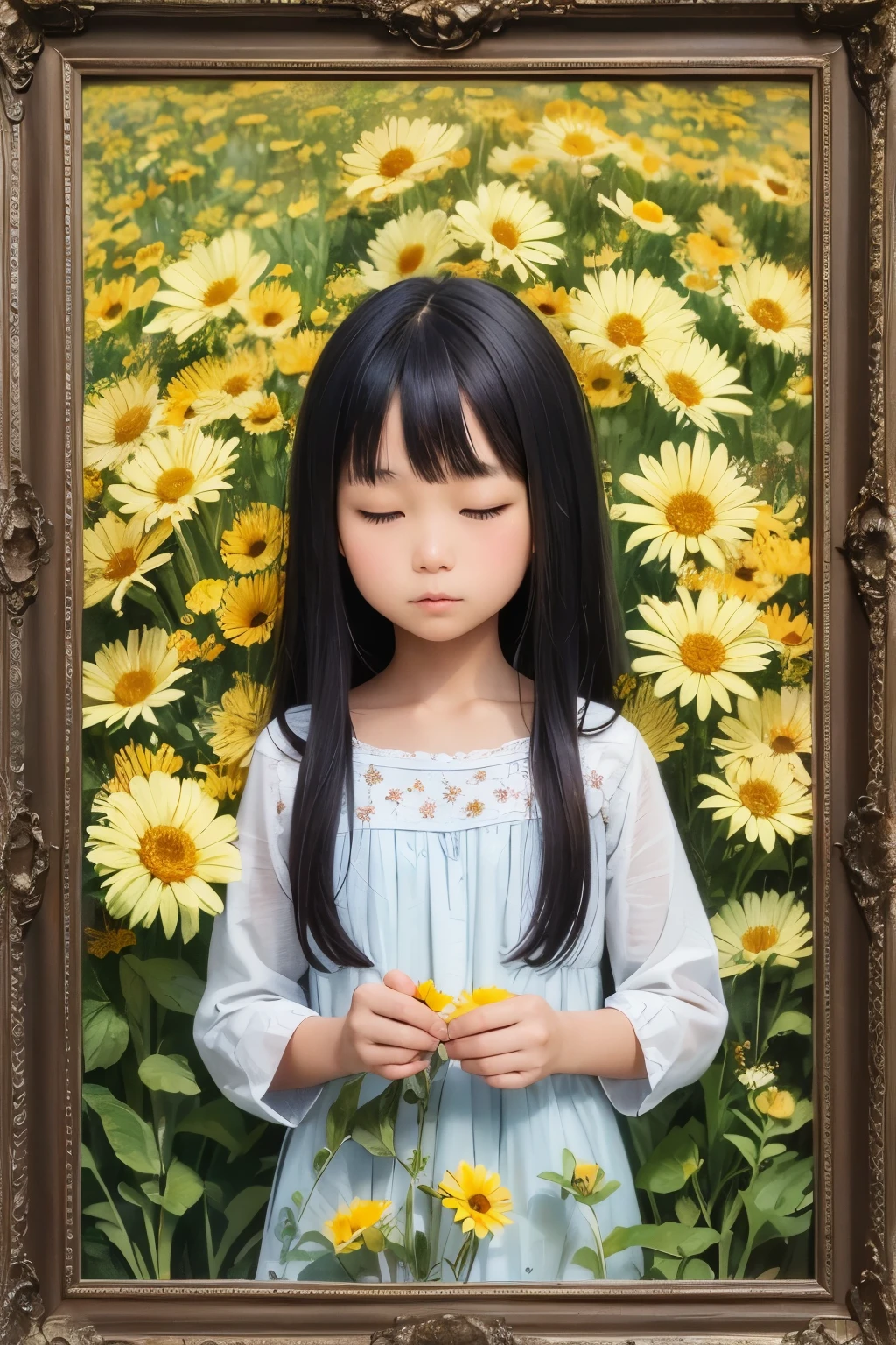 Watercolor painting of a charming Dutch Indonesian girl, engrossed in coloring a serene field of daisies. The image showcases a predominantly monochromatic palette, with selective pops of yellow and red hues to bring the blooms to life. Minimalist in nature, the focus lies in intricately captured details of the girl's features, her delicate fingers, and the textured petals of the daisies. (best quality: 1.0), (minimalist: 1.0), (ultra highres: 1.0), (watercolor painting: 1.0), (detailed: 1.0)