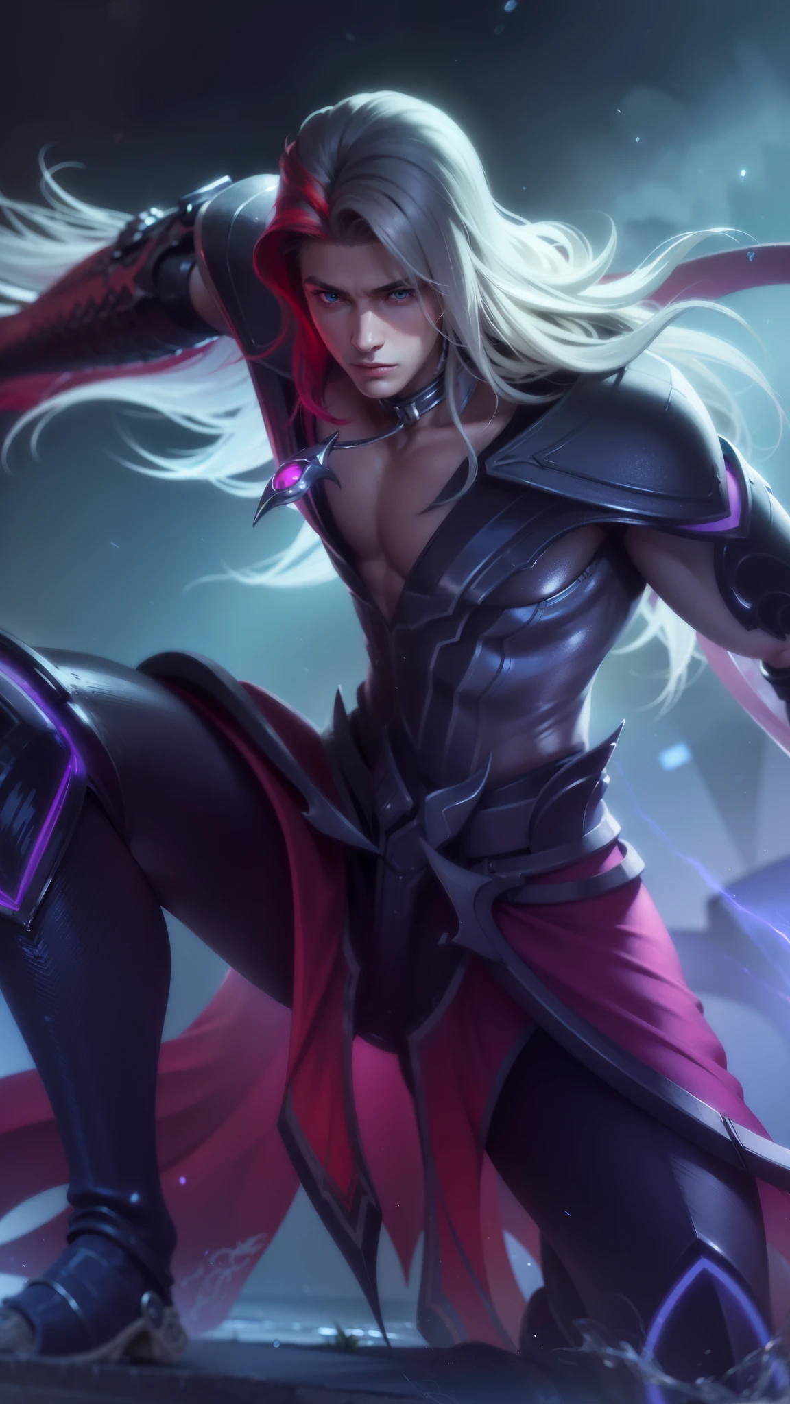masculine male, masterpiece, ((perfect eyes)) best quality, (semirealism:1.9), beautiful lighting, (extremely detailed CG unity 4k fhd wallpaper), High Detail, Sharp focus, dramatic outdoors, 1 boy ,30 years old, white long hair, red light eyes, strong red eye glow (red eye:1.2).