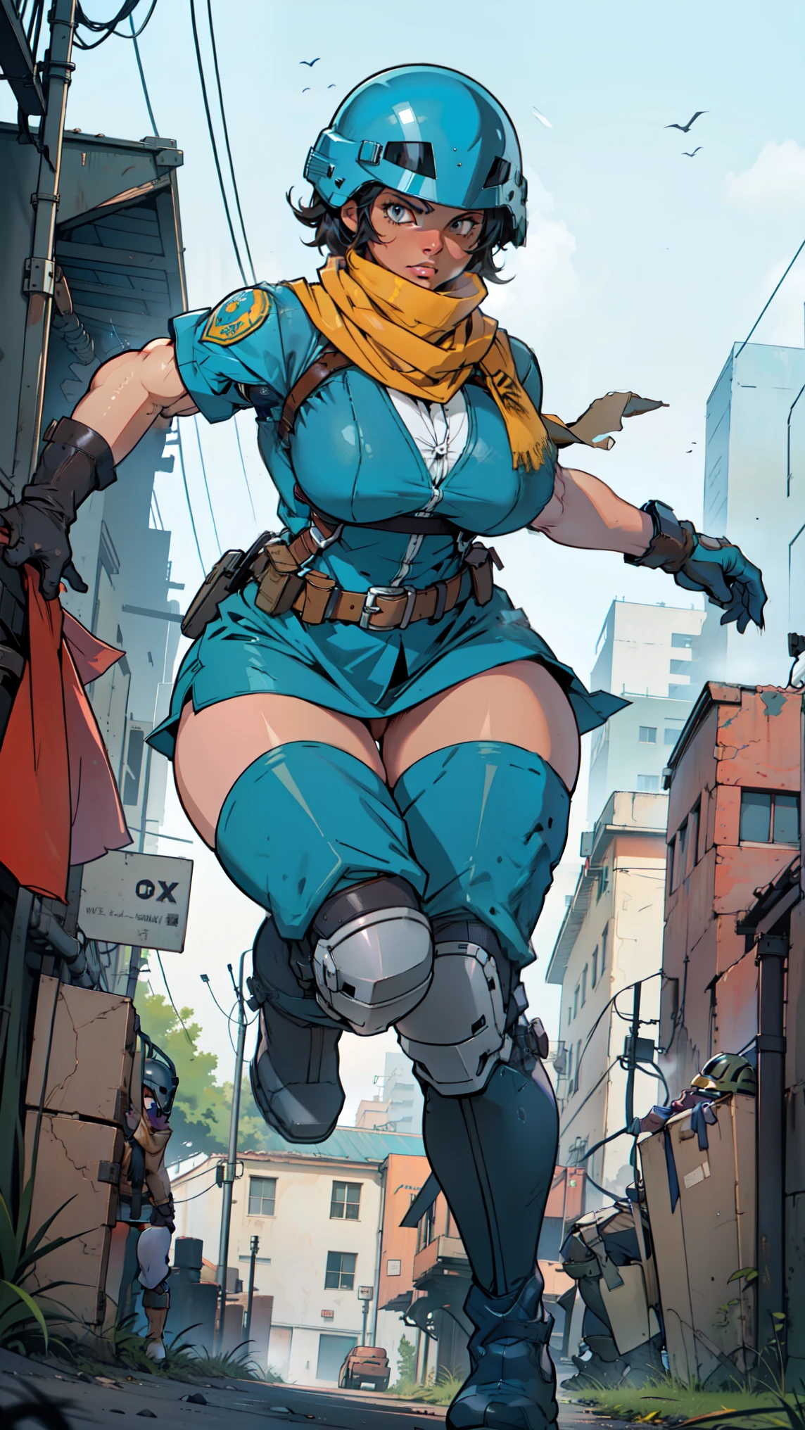 extremely dark skin short hair perfect anatomy 1 girl tall solo curvy toned body ((lagging)) ((perfect hands)) ((boots)) ((scarf)) ((gloves)) ((combat helmet)) ((knee pads)) ((huge )) ((lewd))