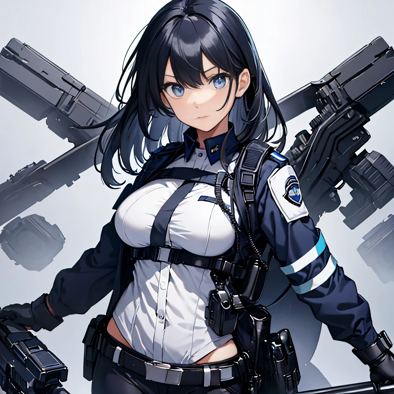【Highest Quality, masutepiece】 [1 girl,expressioness, Female Police Officer ,Jet black head of hair, beautifull detailed face, Very blue eyes, large full breasts, jet-black hair, Serious look, Upper body] (Gray white background:1.2),