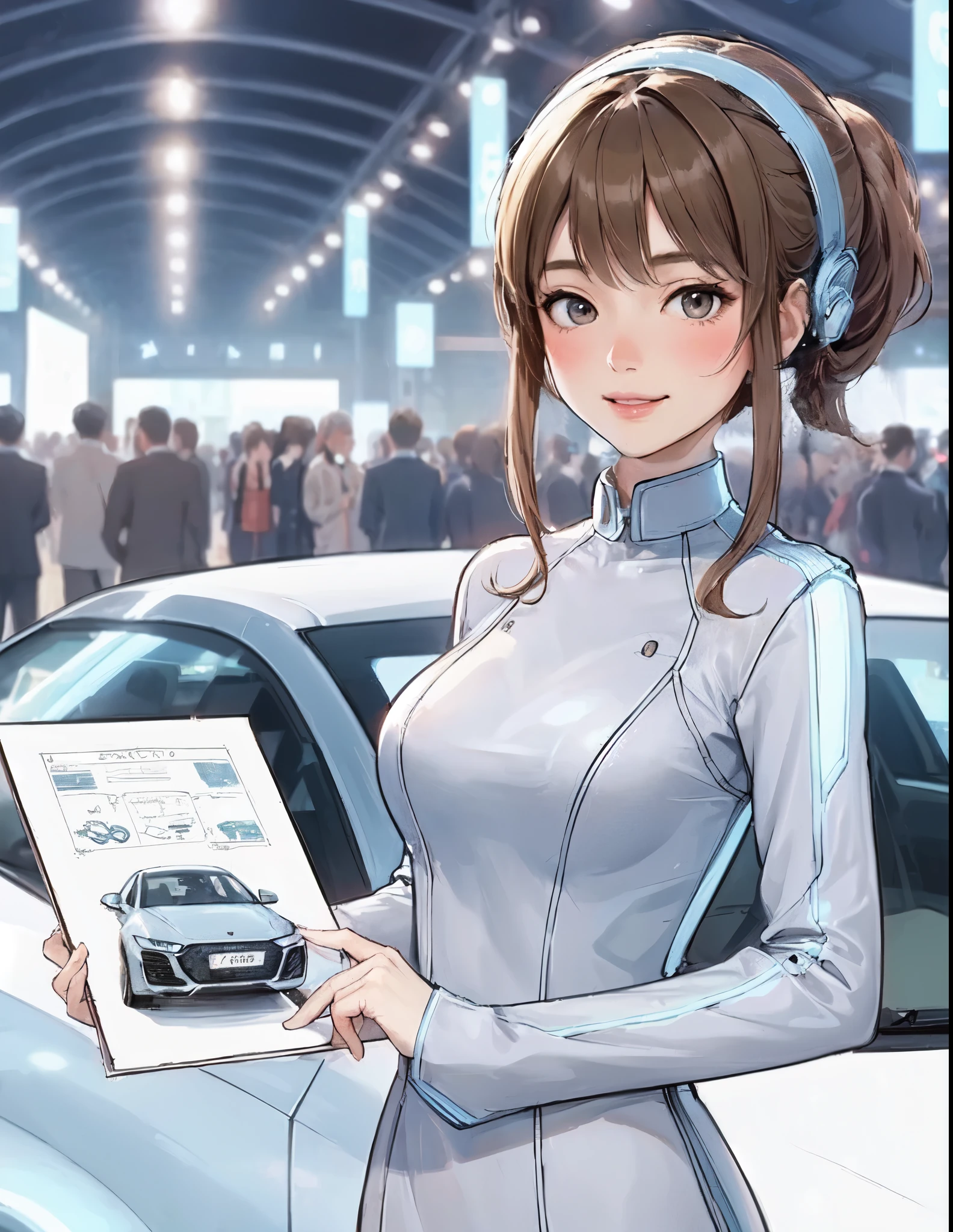 1lady solo standing, event staff (simple and futuristic costume), mature female, /(light brown hair/) bangs, blush kind smile, (masterpiece best quality:1.2) delicate illustration ultra-detailed, large breasts BREAK (standing next to the latest model car), (holding pamphlet) BREAK (motor show indoors), audience, detailed background