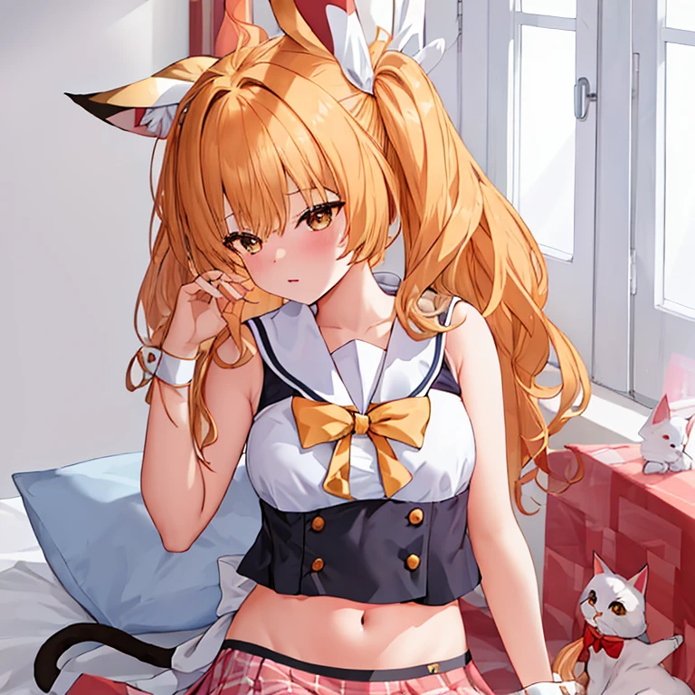 (masterpiece, best quality:1.2),illustration,8k,HD,1 girl,alone,animal_ears,Cat_ears,bow,long_hair,hair_bow,white_hair,Bangs,Moderate_breast,Black_bow,ribbon,direction,Double tail,animal_ear_fluff,Red_Eye,hair bow,navel,white thighhighs,sleeveless tops,sailor collar,mini skirt,arm ribbon,