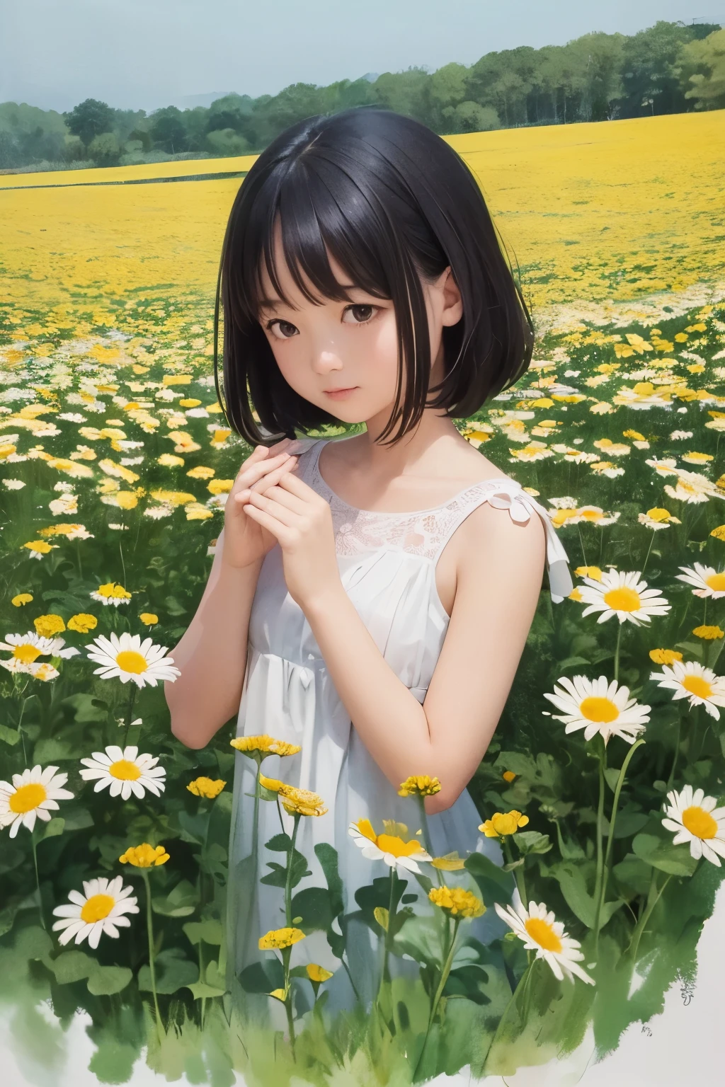 Watercolor painting of a charming Dutch Indonesian girl, engrossed in coloring a serene field of daisies. The image showcases a predominantly monochromatic palette, with selective pops of yellow and red hues to bring the blooms to life. Minimalist in nature, the focus lies in intricately captured details of the girl's features, her delicate fingers, and the textured petals of the daisies. (best quality: 1.0), (minimalist: 1.0), (ultra highres: 1.0), (watercolor painting: 1.0), (detailed: 1.0)
