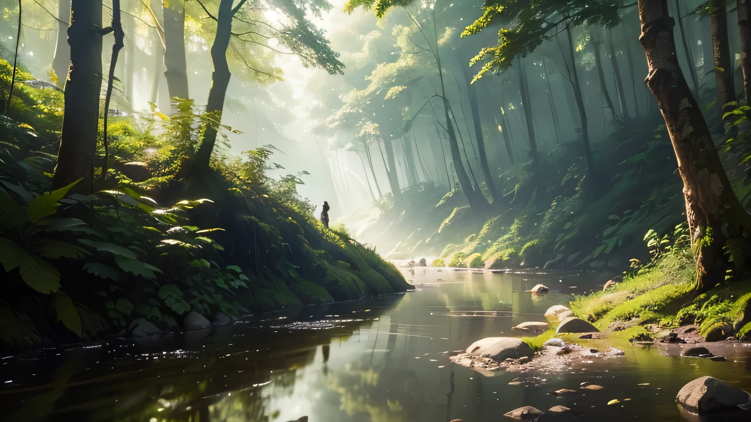 Venturing further into the heart of the forest, Tim discovered a wide, meandering river. The water was crystal clear, reflecting the light from the canopy above and shimmering like a thousand tiny diamonds.