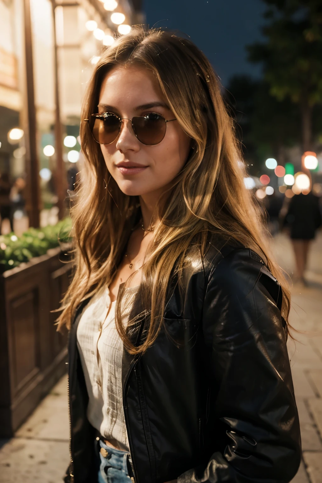 Photorealistic portrait of a 27-year-old American girl with long blonde wave hair.She has dark chocolate brown eyes.She is natural. She should have a lot freckles on her face. She is natural and ultrarealistic and hiper-realistic.very hermosa model. it is nighttime. . she shows her dior outfit . hyper-realistic image. she is wearing cartier sunglasses. she is holding an iphone in her left hand. she is not looking towards the camera. she is looking to the left. the photograph does not show her in close-up. she is walking along a park. it is nighttime. ultra-realistic.she is laughing