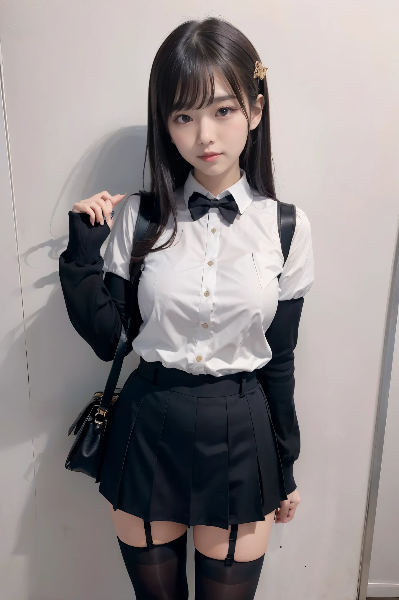 Low - Angle、((full body photo))、smile、She has a baby face and wears a micro miniskirt.((expensive))There is one woman of、super short skirt、I can see some pants、I can see a little butt、(1 girl)、amazingly cute 、skinny fit uniform、Winter clothes、Japanese school blue uniform、((big breasts))、surreal、garter belt、garter ring、leg garter、wearing a black uniform、Full body Esbian、nice thighs、((long legs))、(((wide thighs)))、(I'Iはハイヒールの革靴を履いています)、Nogizaka Idol、korean idol、Inviting eyes