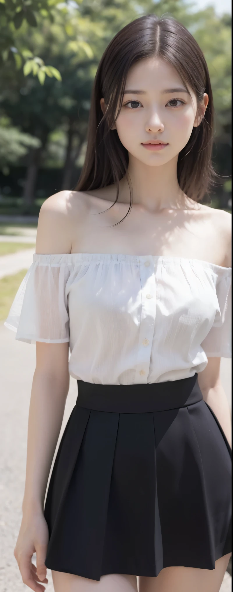 Shoulder-length straight hair sways in the wind + dress shirt, skirt,
(RAW photo, highest quality), (realistic, Photoreal:1.3), masterpiece, very delicate and beautiful, soft light, (brown hair, Shoulder-length straight hair sways in the wind), beautiful detailed girl, (finger details), highly detailed eyes and face, beautifully detailed nose, beautiful and detailed eyes, 1 girl, Japanese, Neat beauty, cute, young, smile, dress shirt, skirt, (Half body:1.3), (medium breasts), realistic face, realistic body, outdoor、Highly detailed CG Unity 8K wallpaper, highest quality, super detailed, masterpiece, realistic, photo realistic, 非常に詳細なcute女の子, 20-year-old, (skirtリフト), ((skirtたくし上 by myself)), white panties , panties focus, blush, parted lips, looking at the viewer , Half bodyショット , wearing an off-shoulder shirt , (crowd), (crowded park) ,