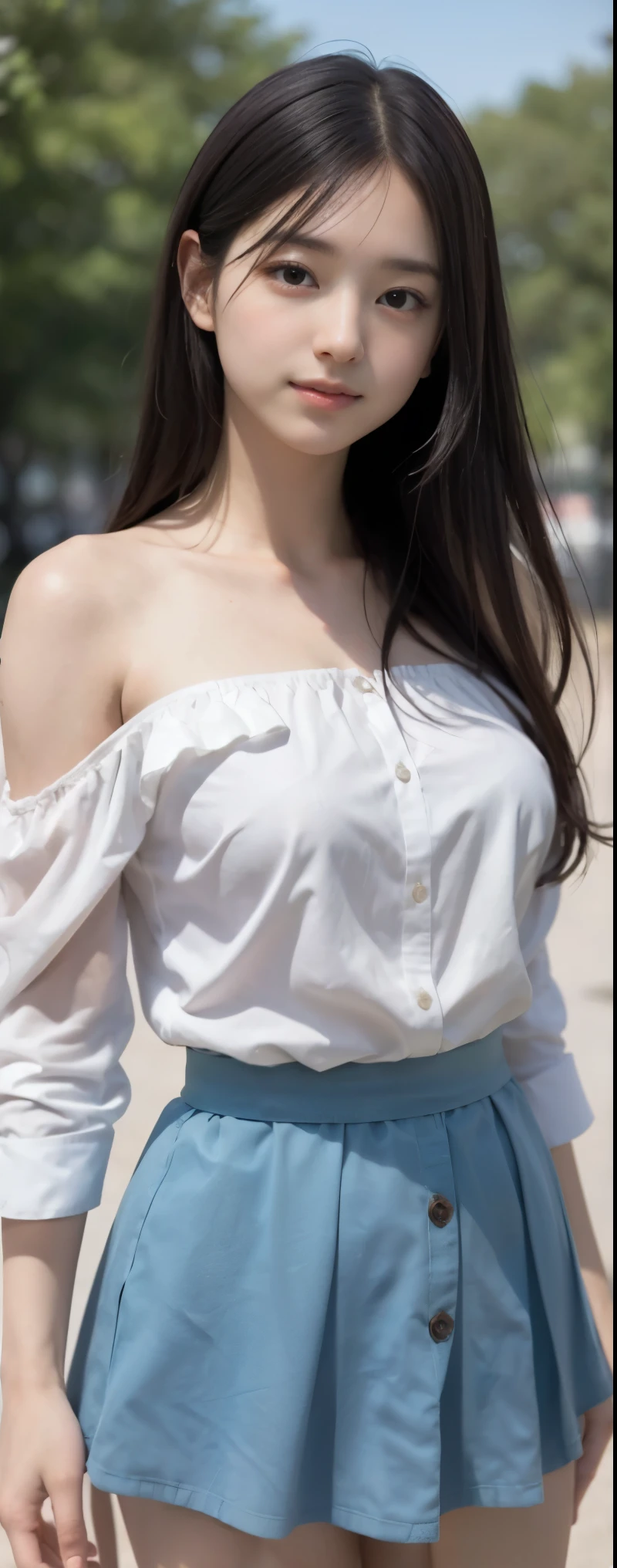 a woman in a blue dress posing for a picture, wearing a cute top, open v chest clothes, pale blue, korean women's fashion model, pale blue outfit, Lovely woman, blue tight tshirt, off the shoulder shirt, Bandeau Dress, gorgeous lady, gorgeous korean young woman, showing her shoulder from back, pale blue, Beautiful Korean Woman