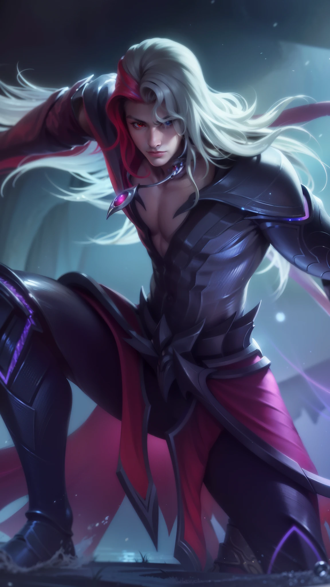 masculine male, masterpiece, ((perfect eyes)) best quality, (semirealism:1.9), beautiful lighting, (extremely detailed CG unity 4k fhd wallpaper), High Detail, Sharp focus, dramatic outdoors, 1 boy ,30 years old, white long hair, strong red eye glow (red eye:1.2).