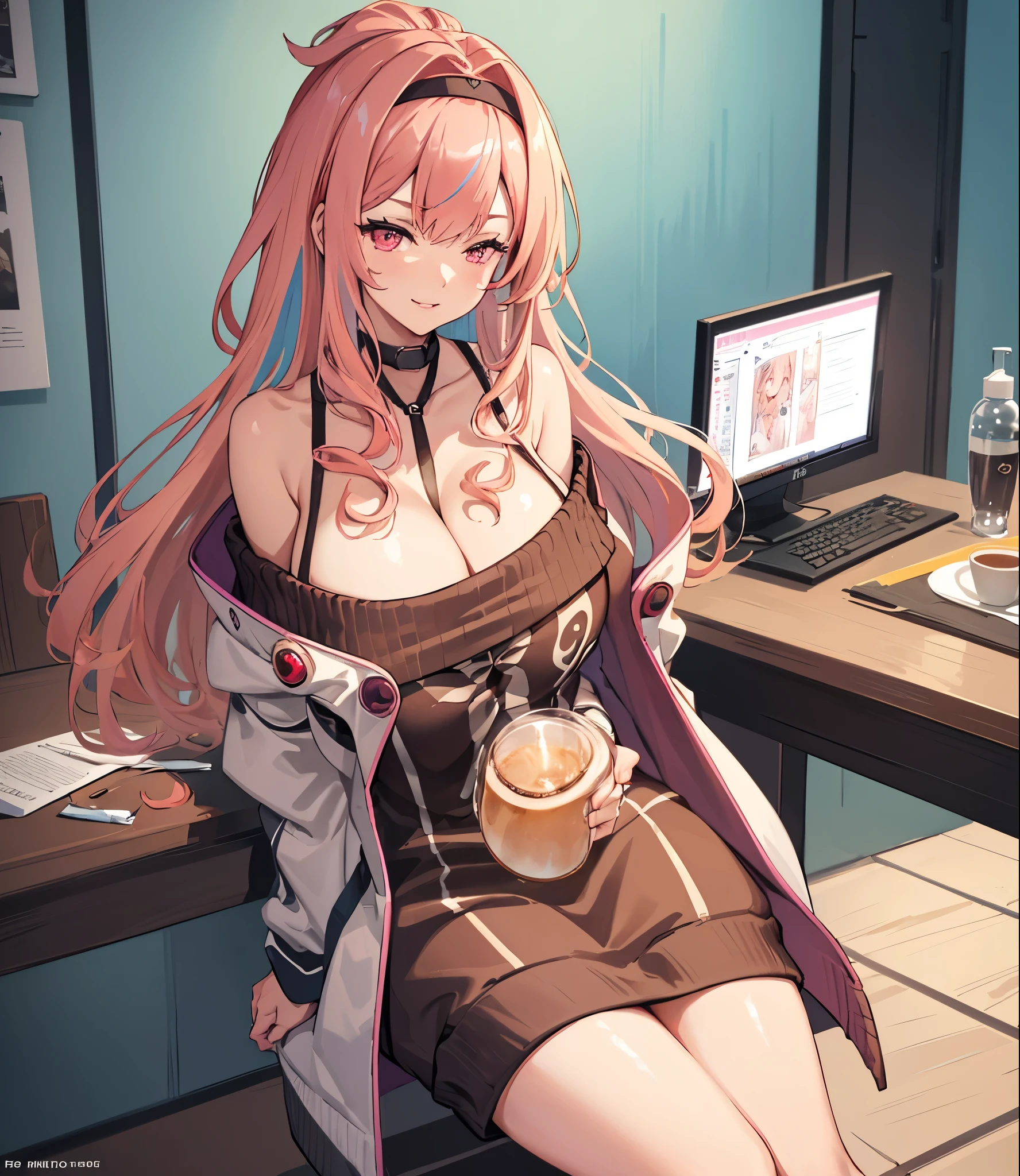 (extremely detailed CG unity 8k wallpaper), (((masterpiece))), (((best quality))), ((ultra-detailed)), (((illustration))), (best shadow), ((an extremely delicate and beautiful)), (detailed light), (well designed face), amazing face, (super detailed), cinematic shot, beautiful detailed eyes, detailed background, 1girl, solo, ((pink hair)), ((multicolored hair)), ((red eyes)), ((wavy hair)), (headband), ((halterneck)), huge breasts, firts rate breasts, first rate female bodies, (sleveless sweater), ((open chest sweater)), white jacket, open jacket, inside a cafe, interior design, bewitching thighs, smile, one eye closed, (sexy lips),