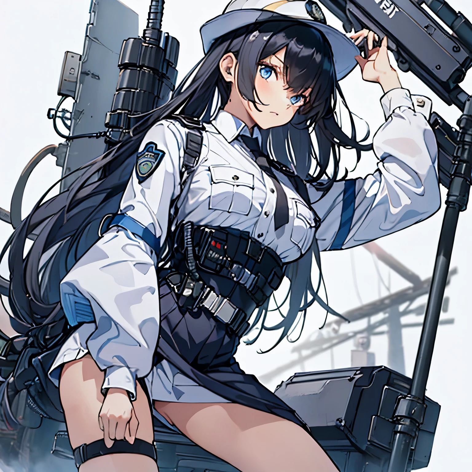 【Highest Quality, masutepiece】 [1 girl,expressioness, Female Police Officer ,Jet black head of hair, beautifull detailed face, Very blue eyes, large full breasts, Long hair fluttering in the wind, jet-black hair, Serious look, Upper body] (Gray white background:1.2),