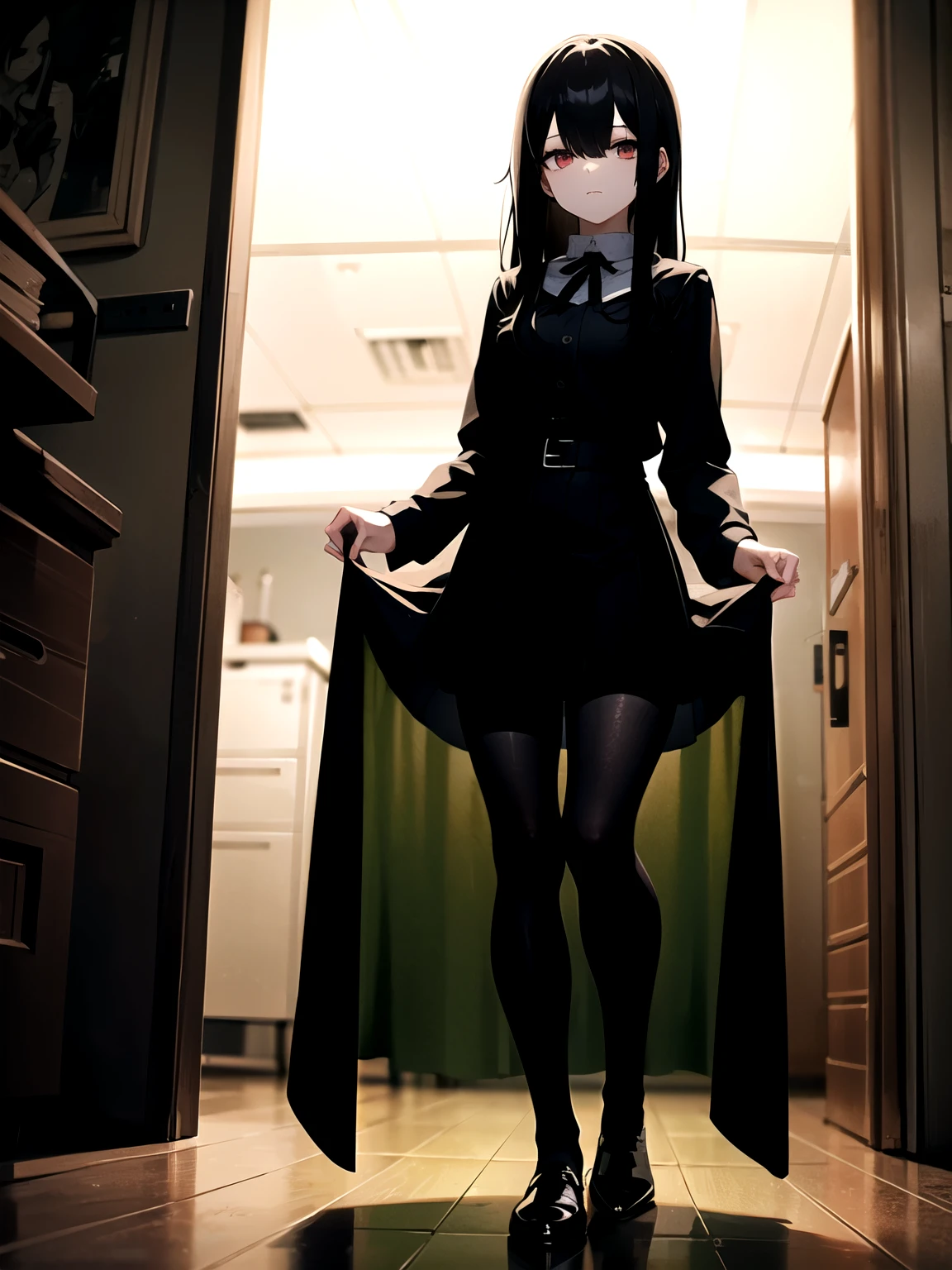 full_body!!, A dark rooted girl with a pale face, nooks of the eye, have a low profile, nerd