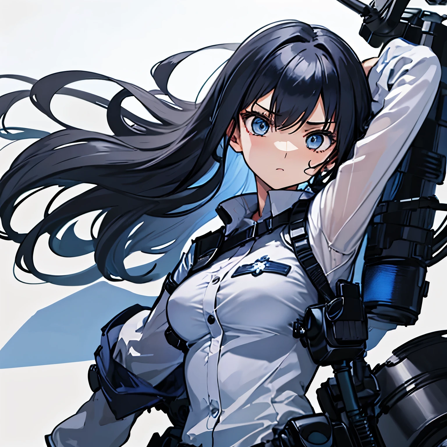 【Highest Quality, masutepiece】 [1 girl,expressioness, Female Police Officer ,Jet black head of hair, beautifull detailed face, Very blue eyes, large full breasts, Long hair fluttering in the wind, jet-black hair, Serious look, Upper body] (Gray white background:1.2),