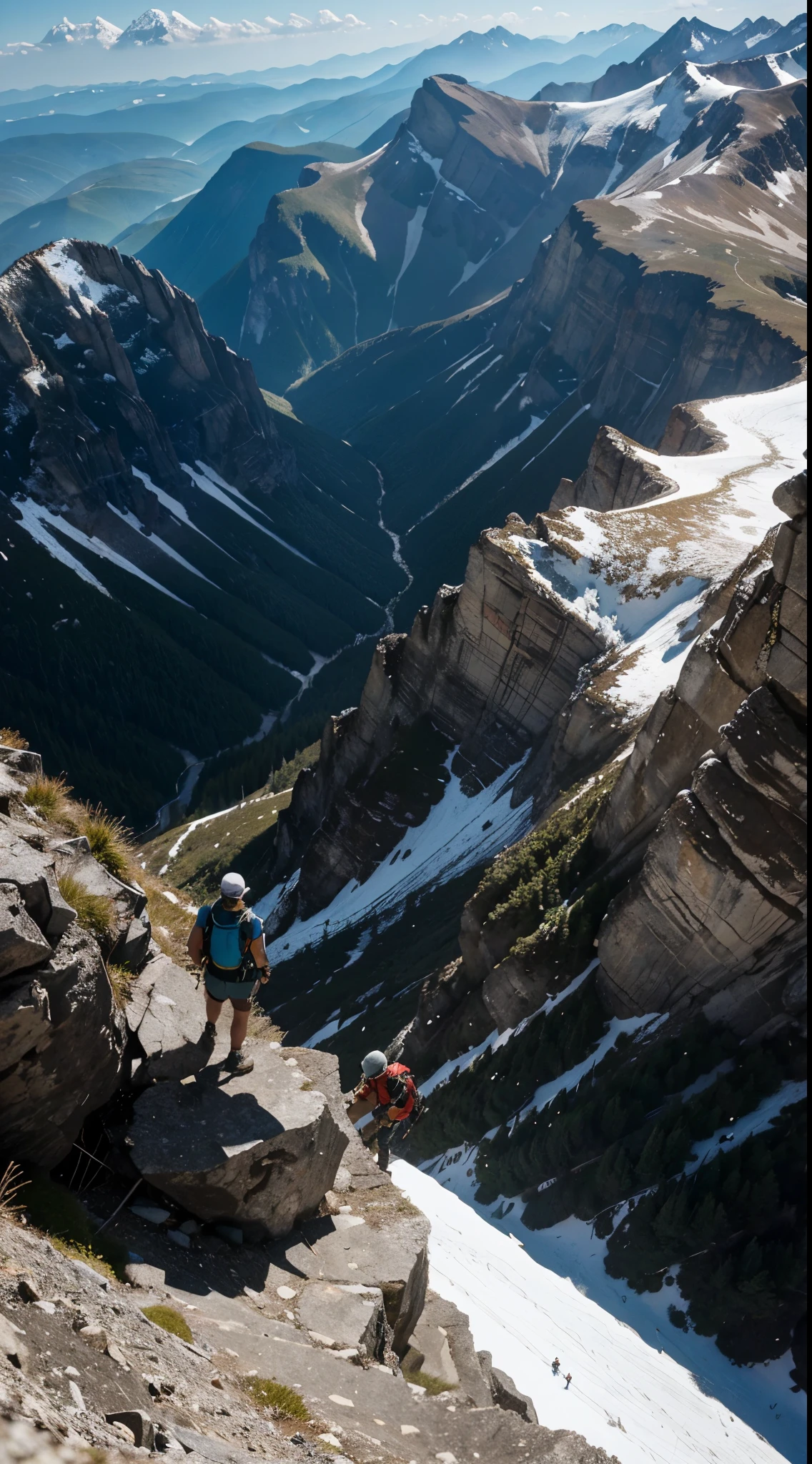 A bird's-eye view reveals a lone hiker's relentless climb up a steep mountain path, mirroring our ability to persevere and surmount life's challenges, much like the towering mountains that surround them.