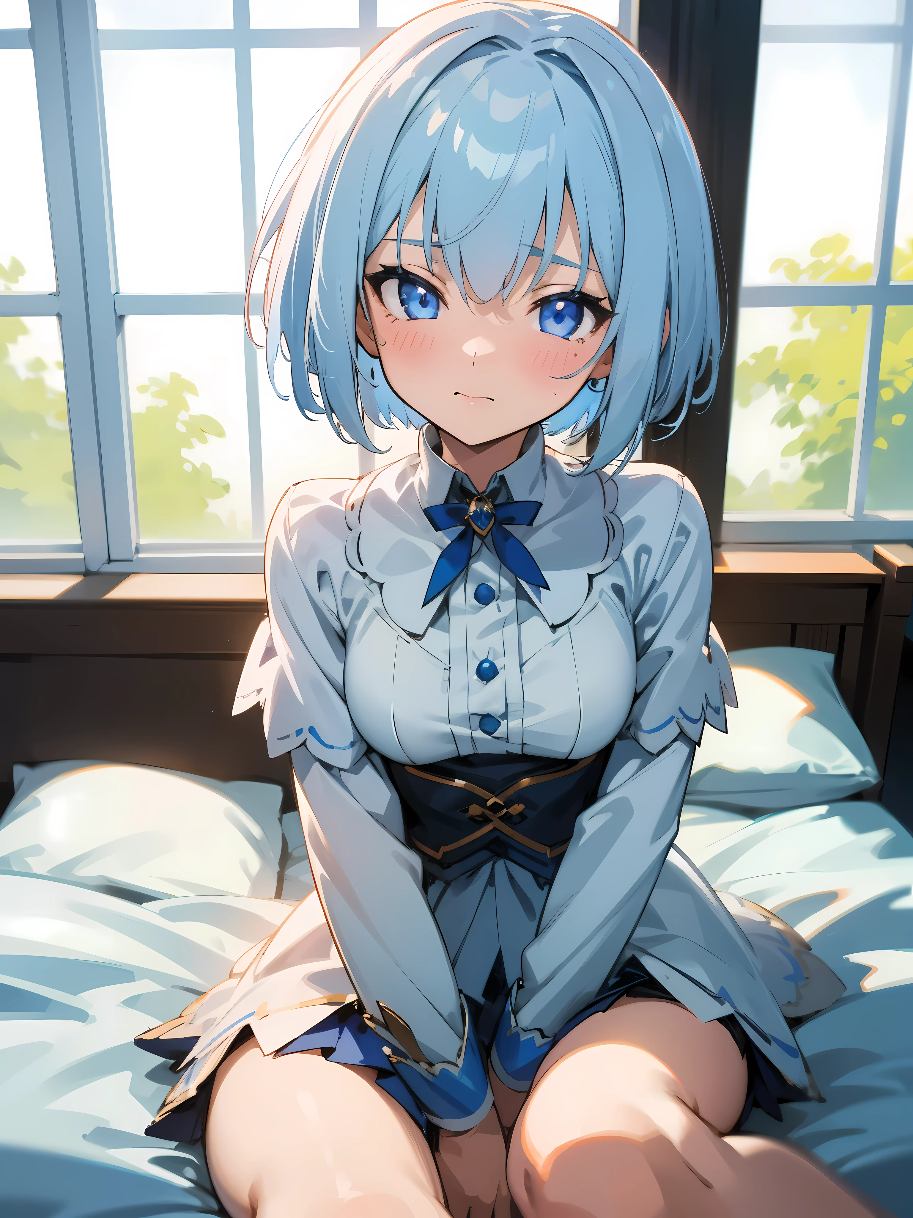 1girl, short hair, blue eyes, blue hair, wearing idol outfit, sitting on a bed, high res, masterpiece, ultrasharp, 8K, looking at viewer, shy, 